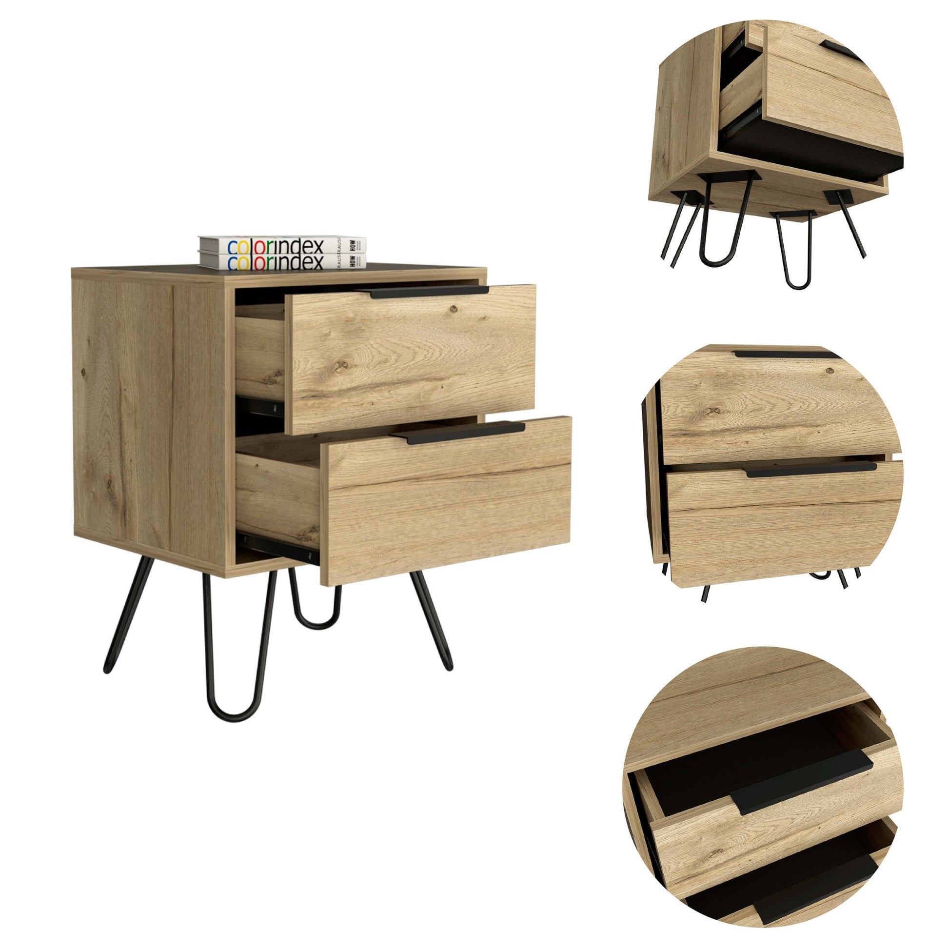 Nuvo 2 Nightstand,Two Drawers, Hairpin Legs Black Mdf Engineered Wood