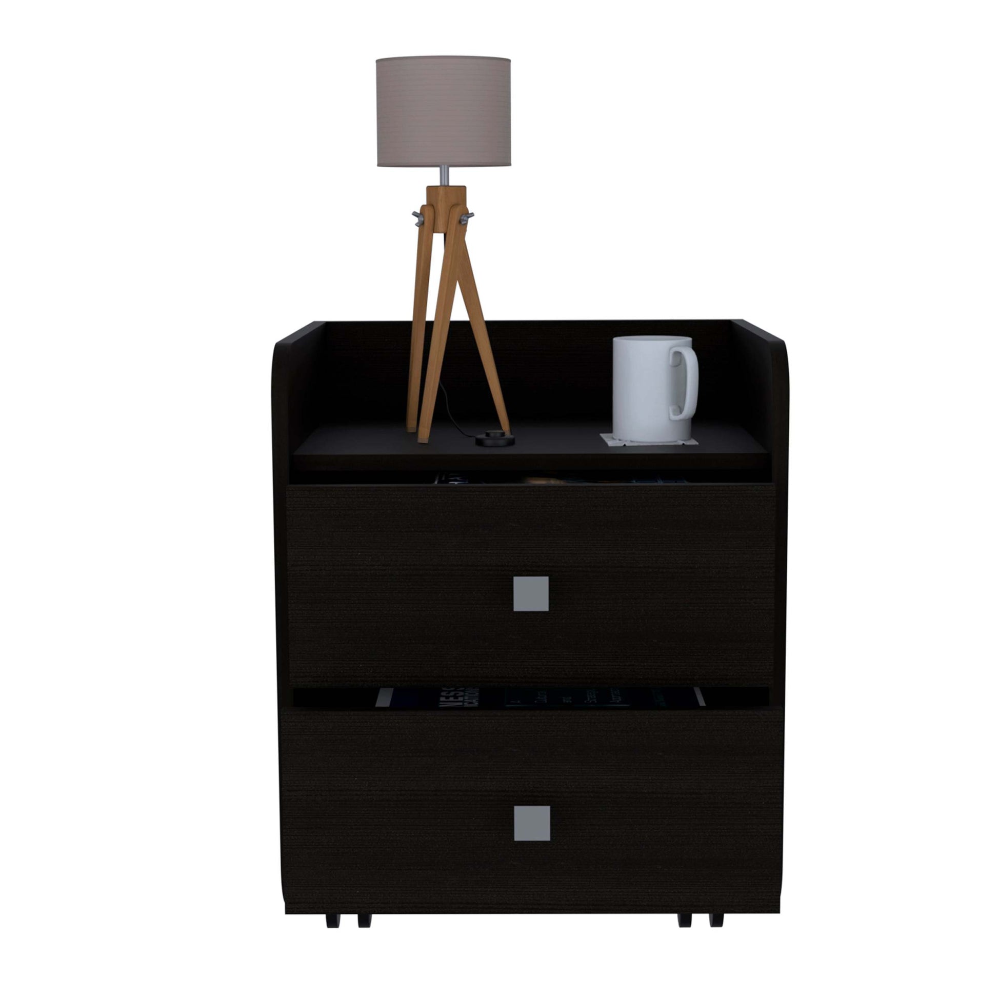 York Nightstand, Superior Top, Two Drawers, Four Casters Black Mdf Engineered Wood