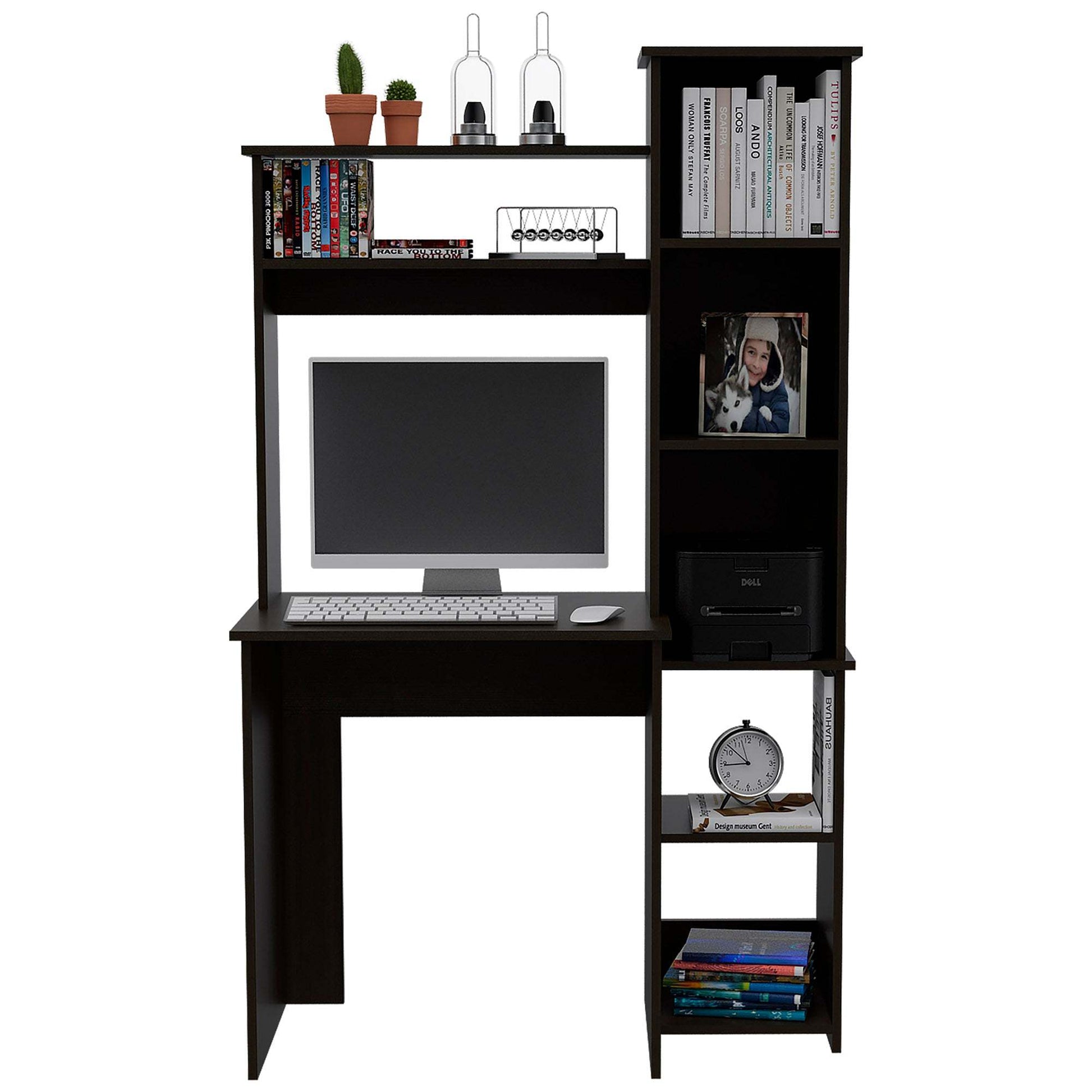 Nashville Writing Desk, Six Shelves Black Computer Desk Office Modern Freestanding Pine Open Storage Desk Particle Board Engineered Wood