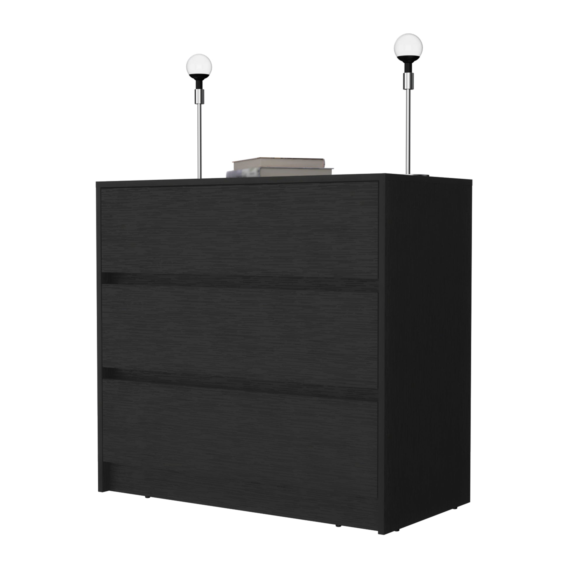 Avra 3 Drawer Dresser, Manufactured Wood Top And Front Chest Of Drawers Black Mdf Engineered Wood