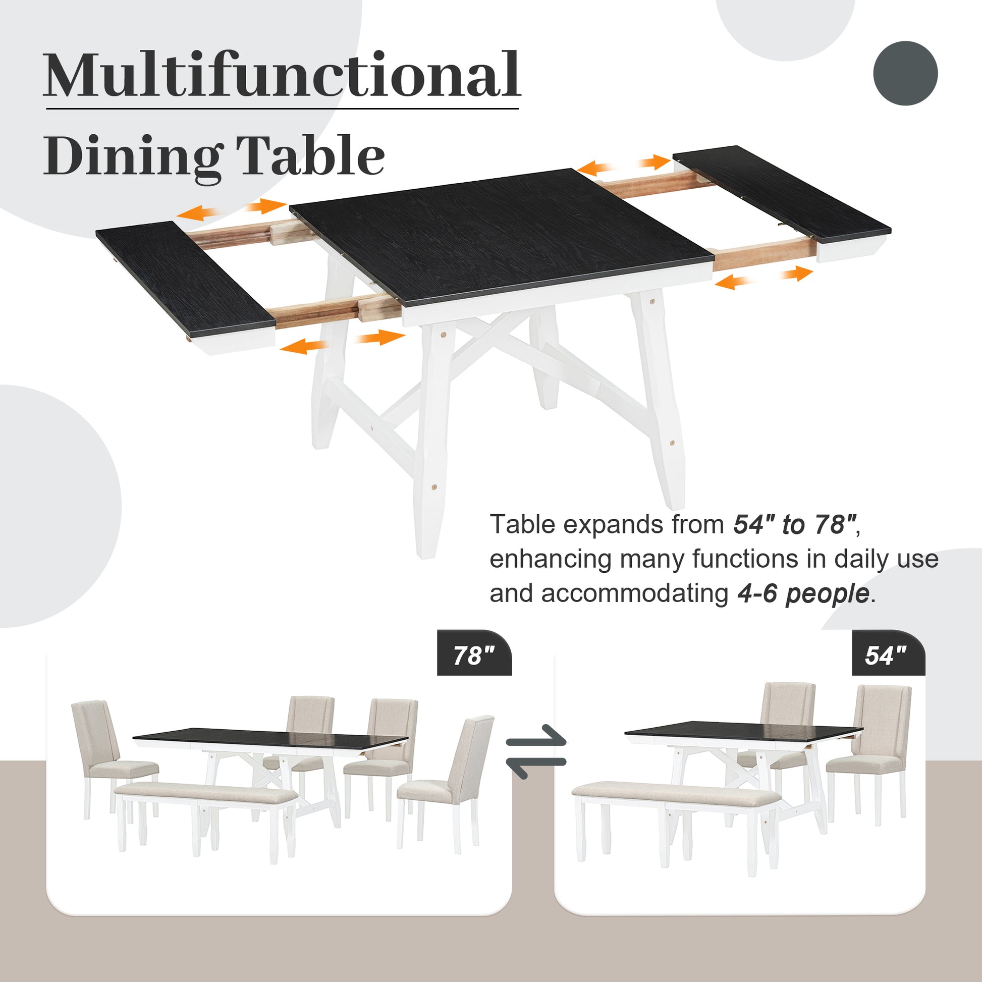 6 Piece Classic Dining Table Set, Rectangular Extendable Dining Table With Two 12"W Removable Leaves And 4 Upholstered Chairs & 1 Bench For Dining Room White Black White Black Solid Wood