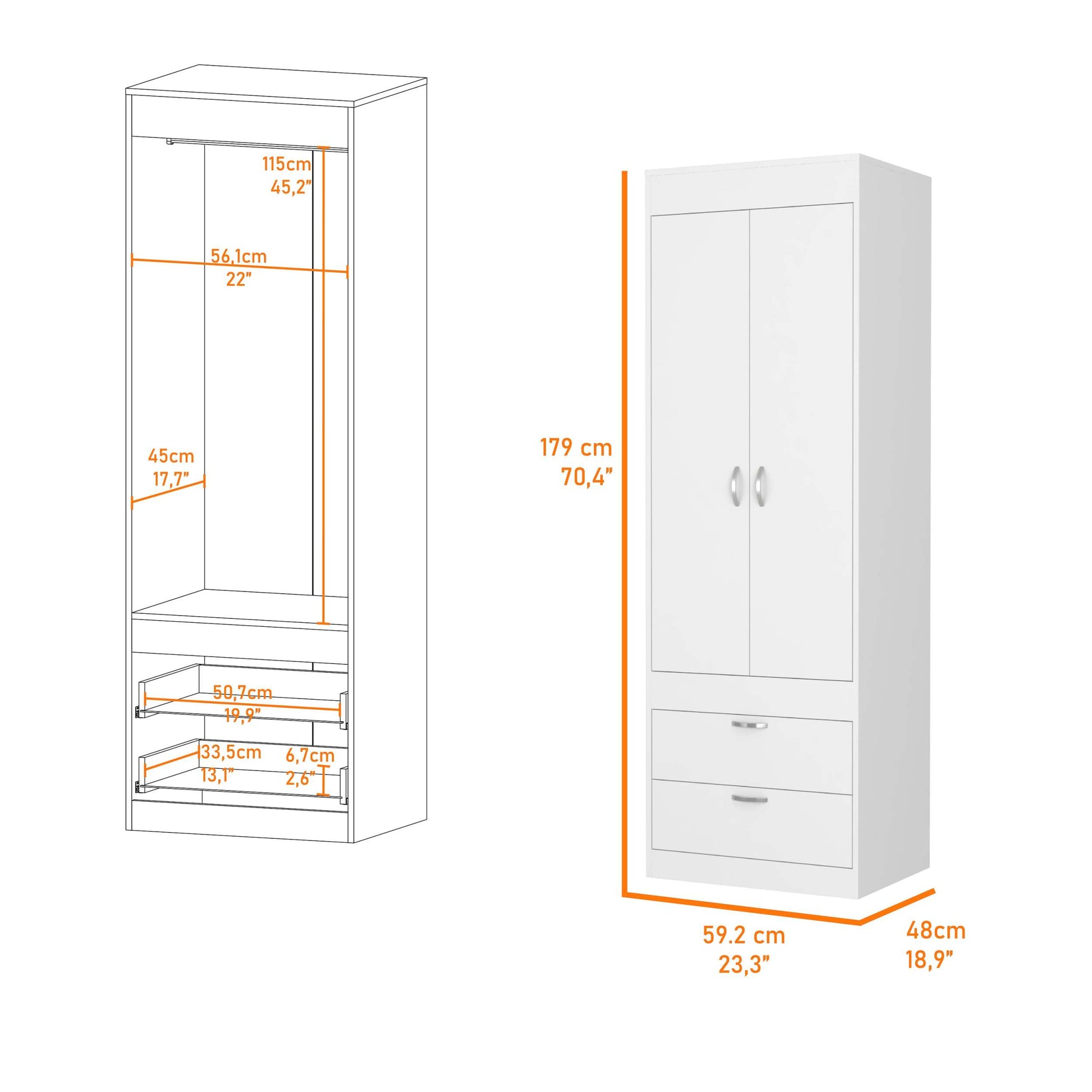 Alabama Armoire, One Large Cabinet, Two Drawers White Mdf Engineered Wood