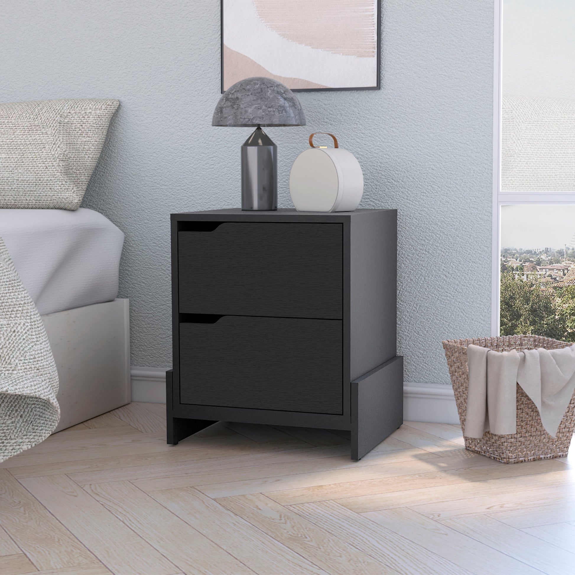 Lovell Nightstand With Sturdy Base And 2 Drawers Black Mdf Engineered Wood