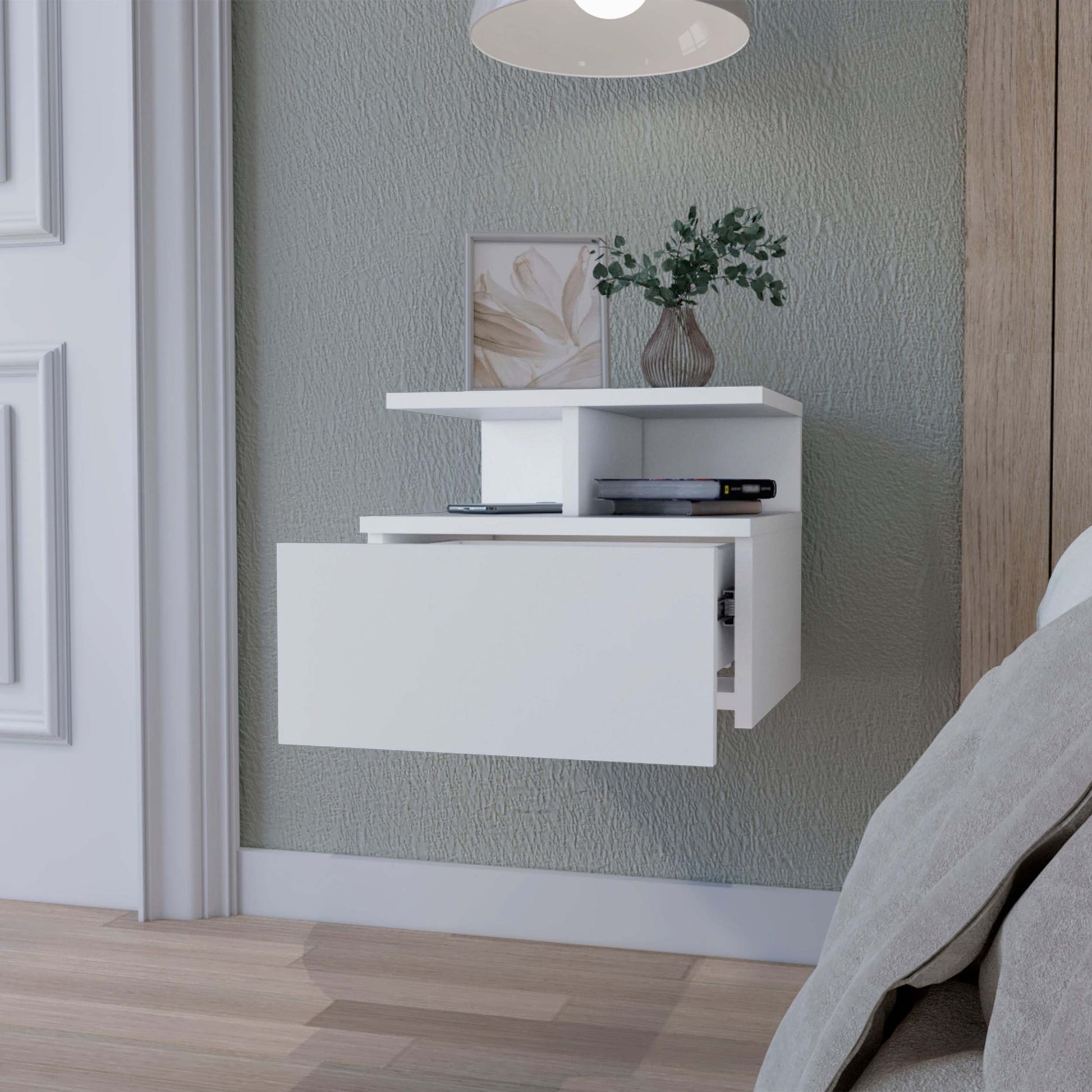 Augusta Floating Nightstand With 2 Tier Shelf And 1 Drawer White Mdf Engineered Wood