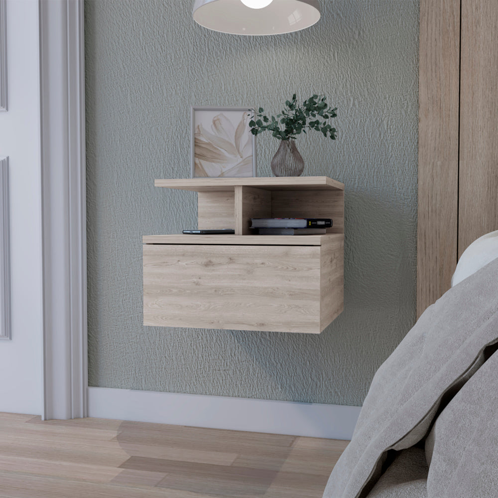 Augusta Floating Nightstand With 2 Tier Shelf And 1 Drawer Beige 1 Drawer Bedroom Rectangle Modern Shelf Mdf Engineered Wood