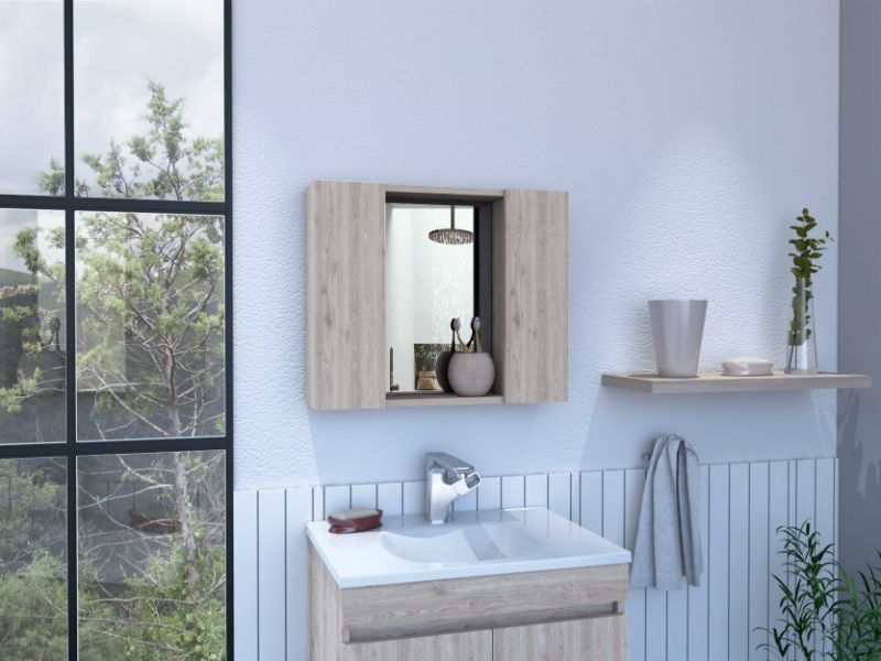 Draco Medicine Cabinet, Mirror, Double Door, One External Shelf Beige 2 1 Bathroom Wall Mounted Modern Mdf Engineered Wood