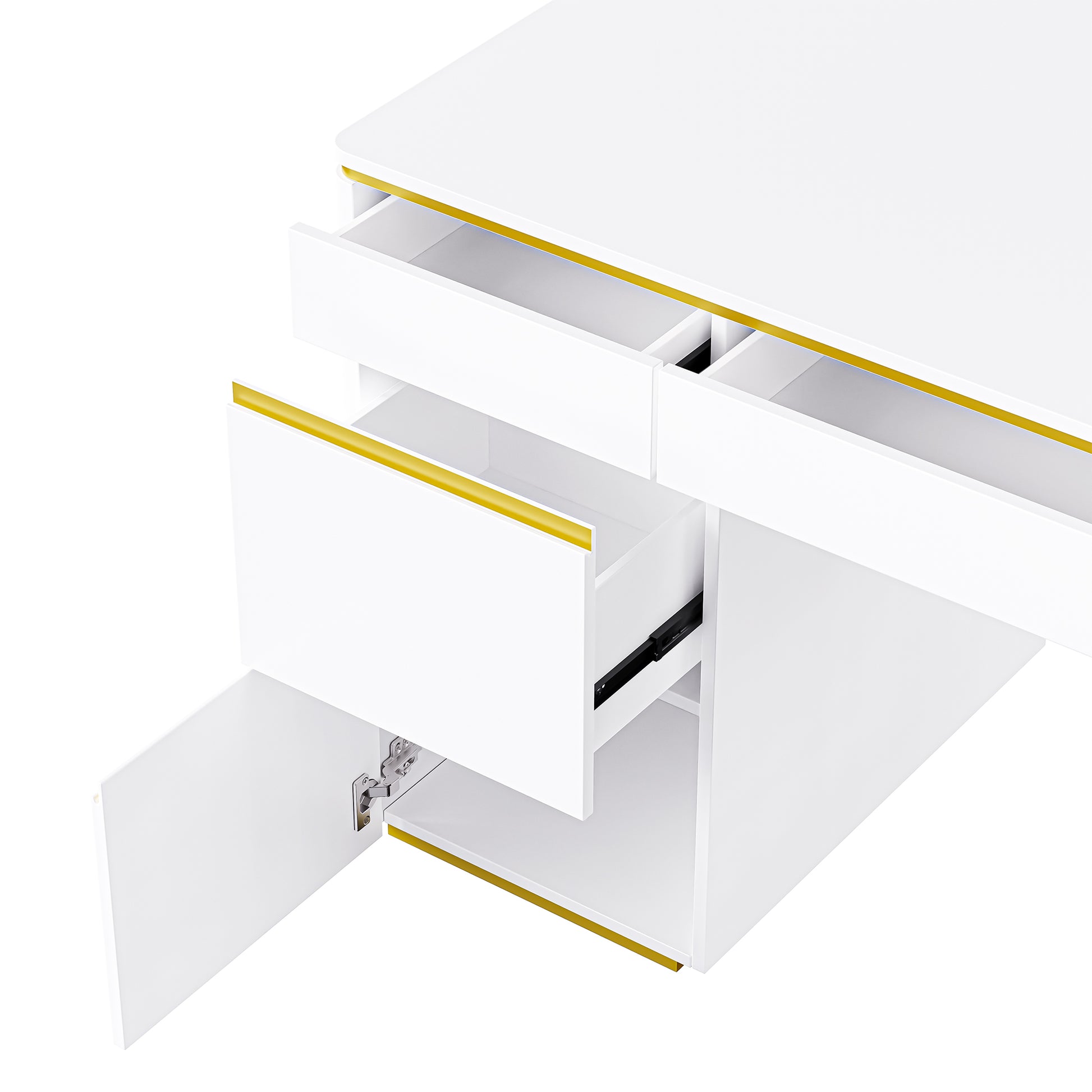60''Modern Executive Desk,White Curved Computer Desk With Gold Metal Legs,3 Drawers Home Office Desk,Writing Desk With 1 Storage Cabinet For Home Office,Living Room,Gold White Gold White Mdf