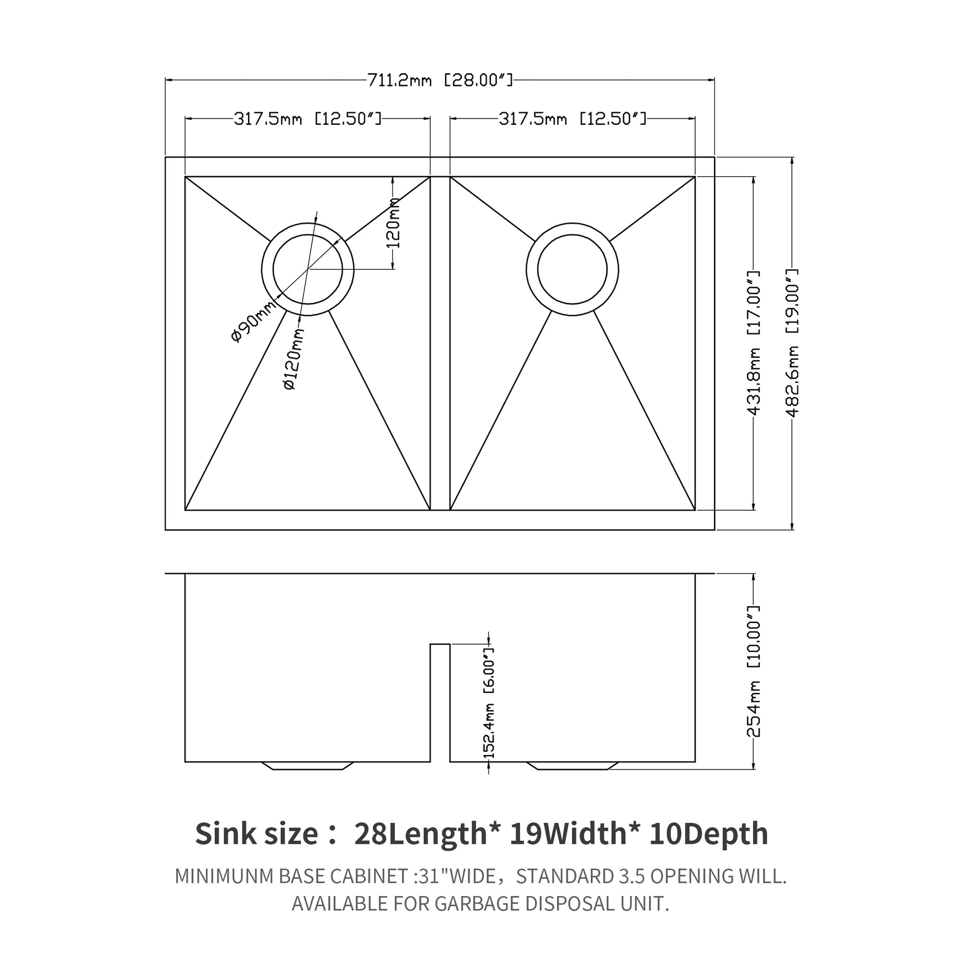 Double Bowl 50 50 Undermount Sink 28"X19" Double Bowl Kitchen Sink 16 Gauge With Two 10" Deep Basin Brushed Nickel Stainless Steel