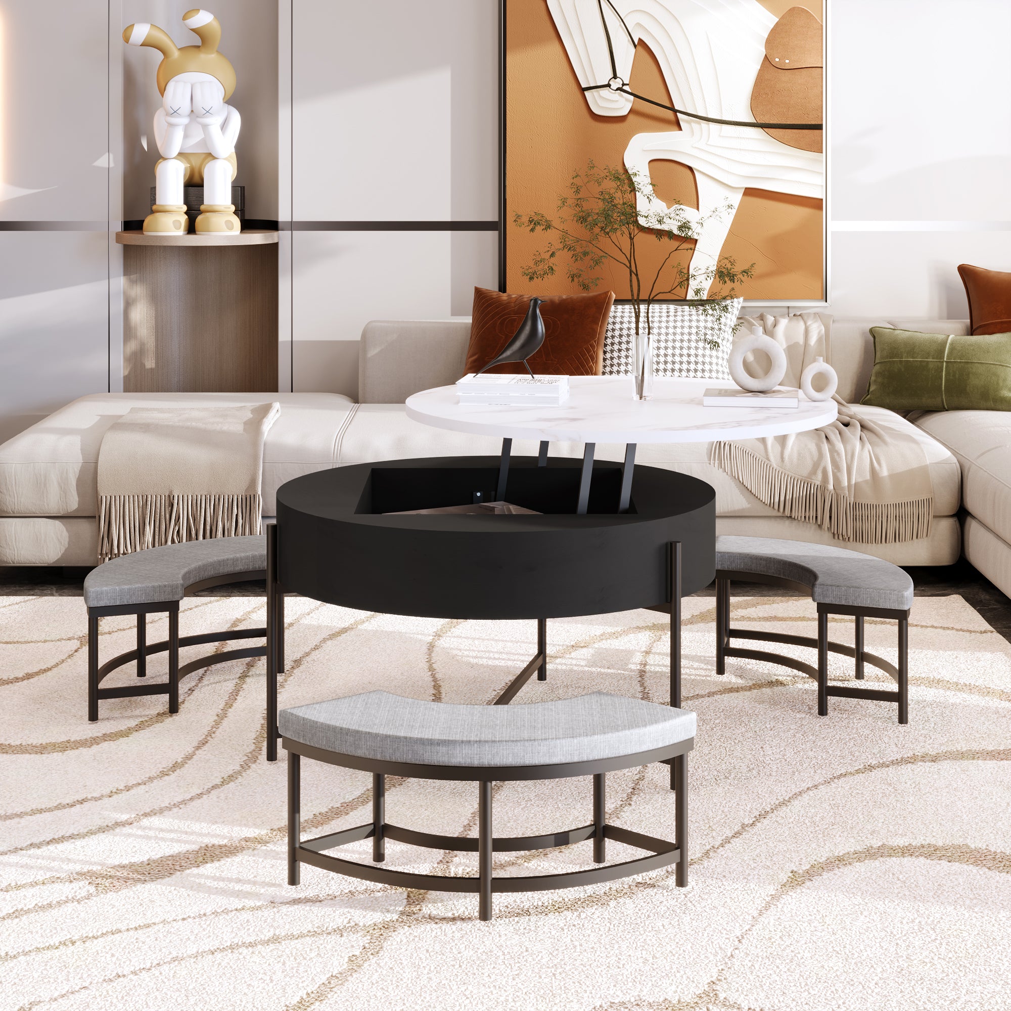 Modern Round Lift Top Coffee Table With Storage & 3 Ottoman White & Black Black Mdf