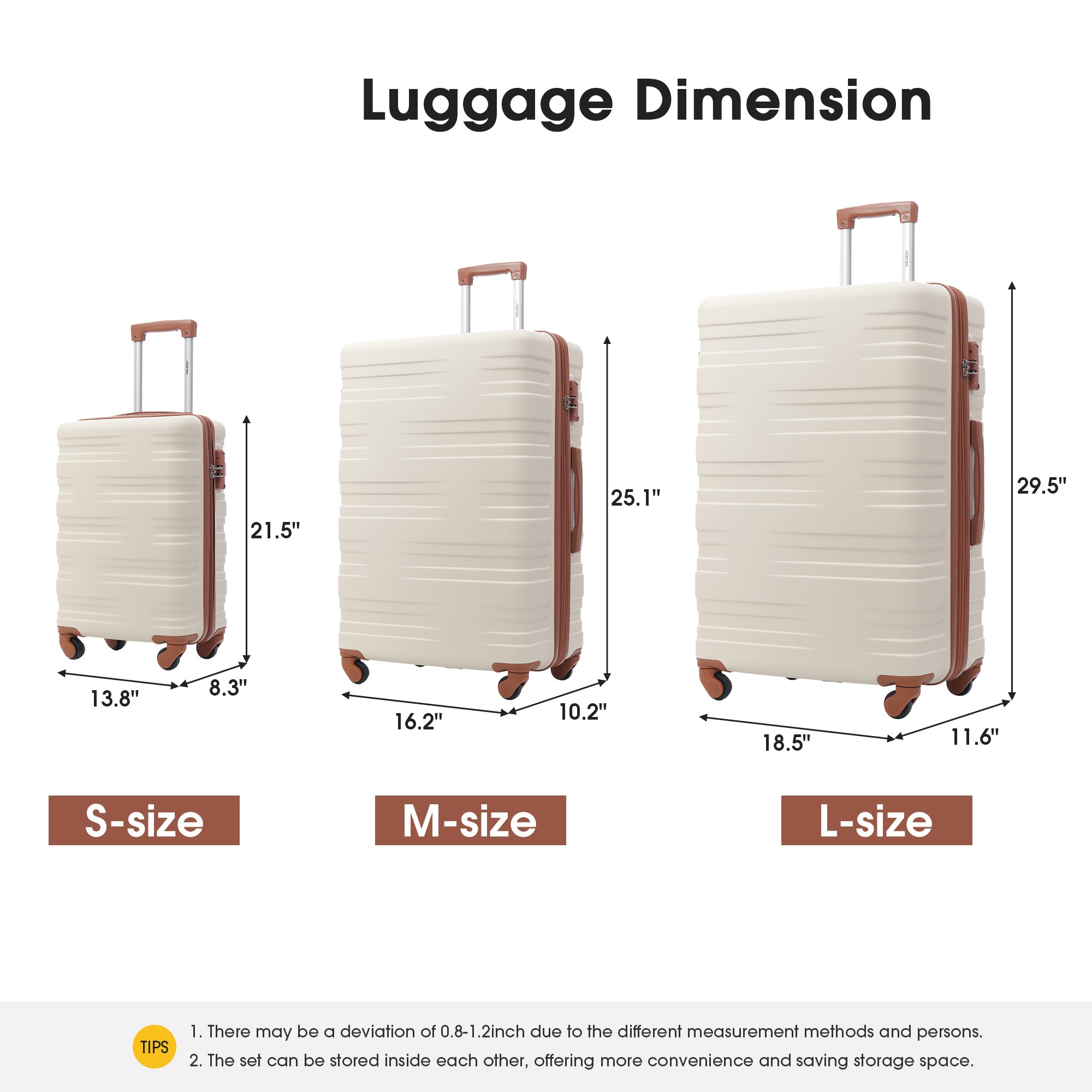 Hardshell Luggage Sets 3 Pcs Spinner Suitcase with TSA brown+white-abs