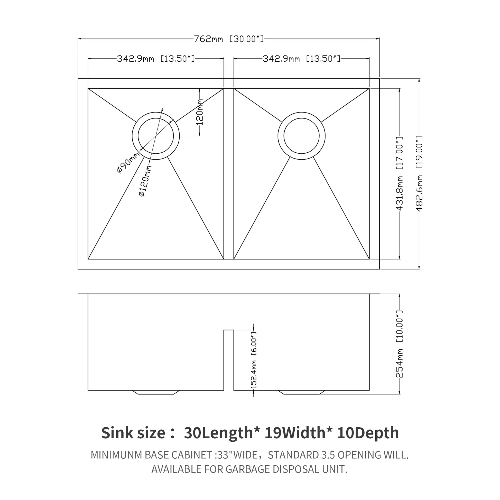 Double Bowl 50 50 Undermount Sink 30"X19" Double Bowl Kitchen Sink 16 Gauge With Two 10" Deep Basin Brushed Nickel Stainless Steel