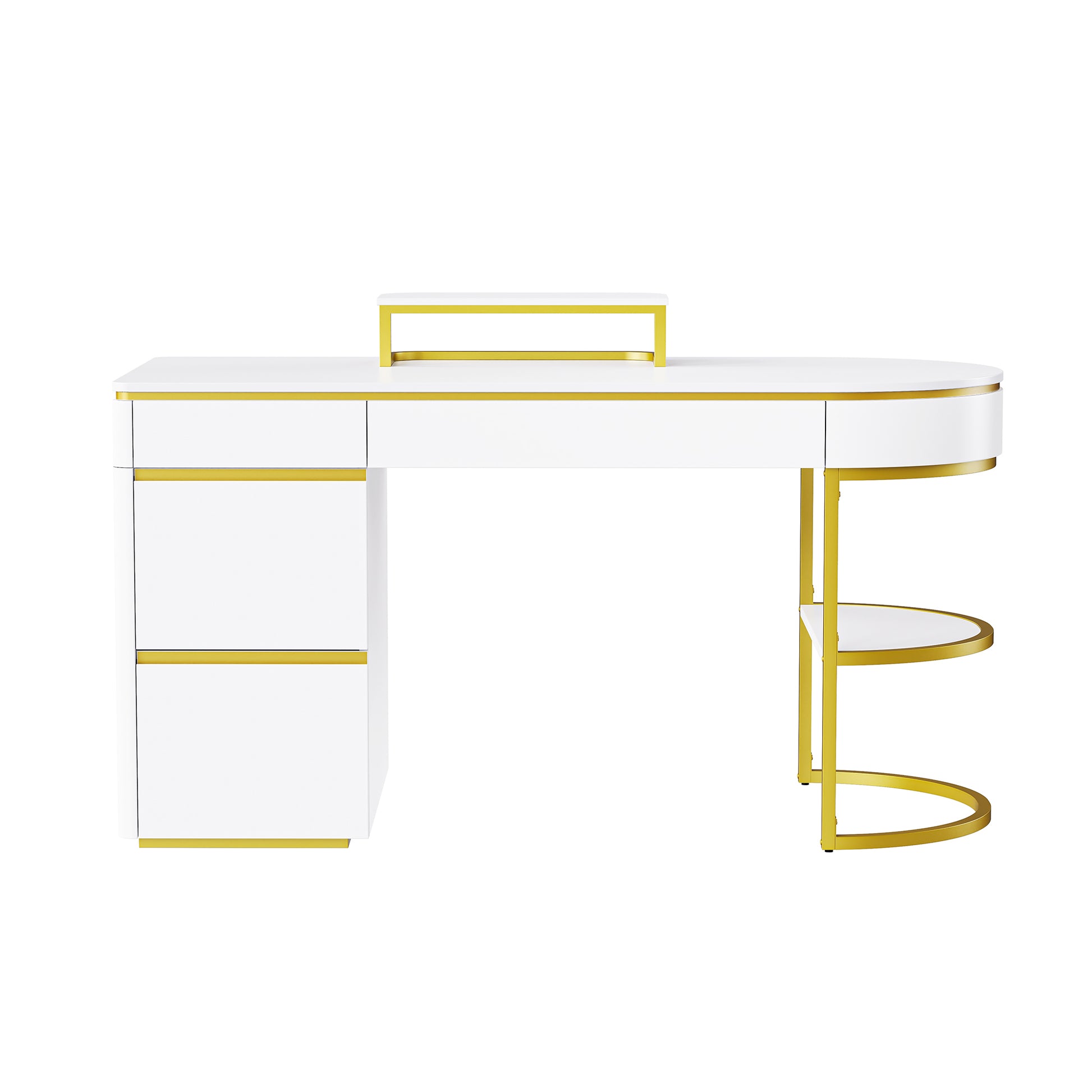 60''Modern Executive Desk,White Curved Computer Desk With Gold Metal Legs,3 Drawers Home Office Desk,Writing Desk With 1 Storage Cabinet For Home Office,Living Room,Gold White Gold White Mdf