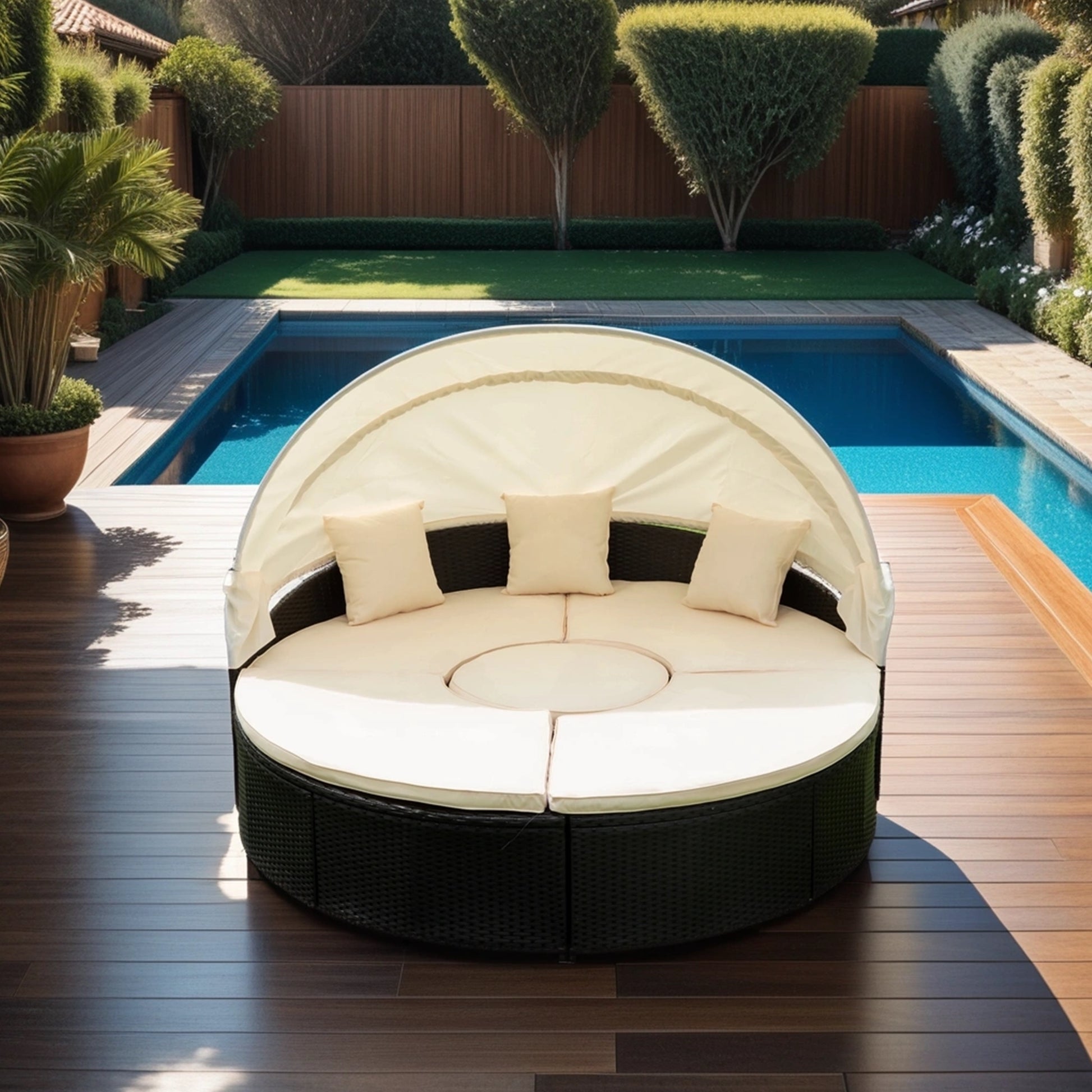 Outdoor Patio Round Daybed With Retractable Canopy Rattan Wicker Furniture Sectional Seating Set Black Wicker Creme Cushion Yes Complete Patio Set Beige Black Rust Resistant Frame Mildew Resistant Cushion Garden & Outdoor Modern Complete Patio Sets Fiber