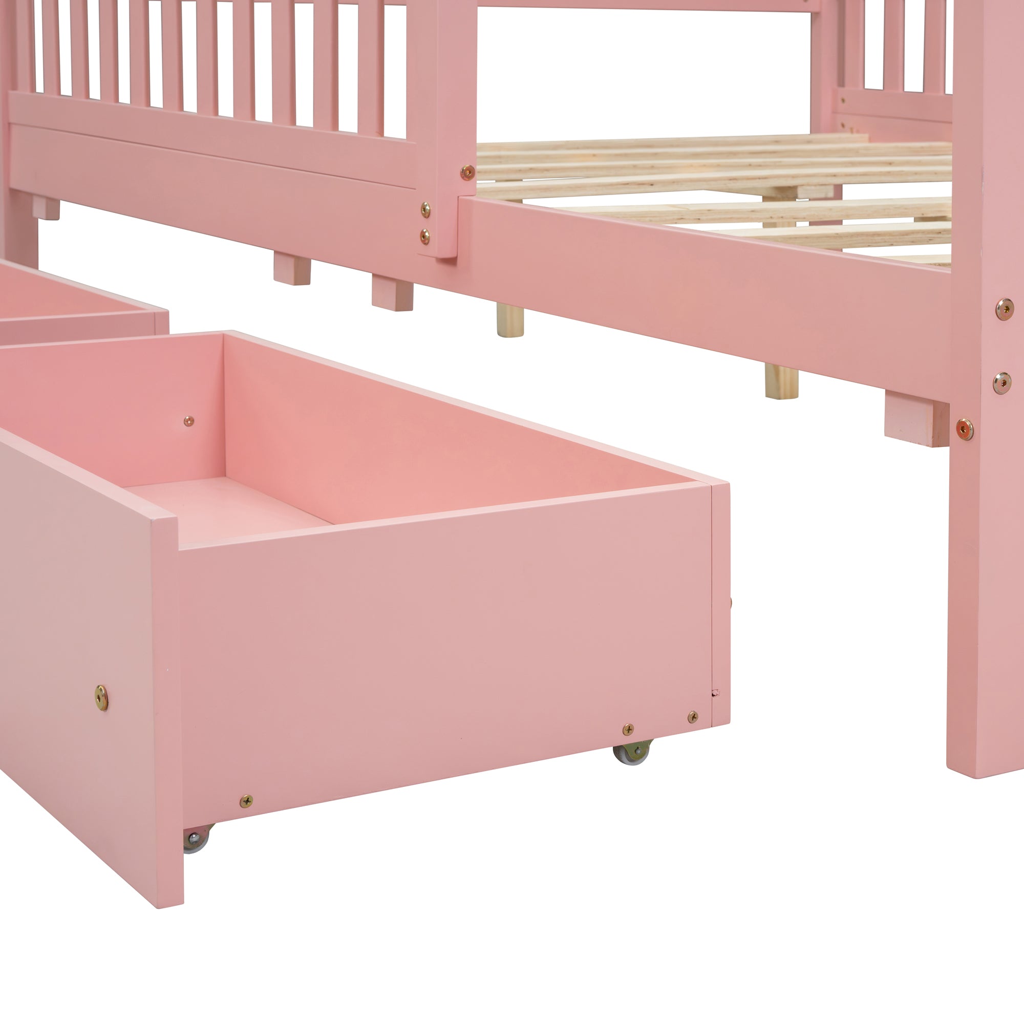 Full Size Wood Platform Bed with Guardrails on Both pink-wood