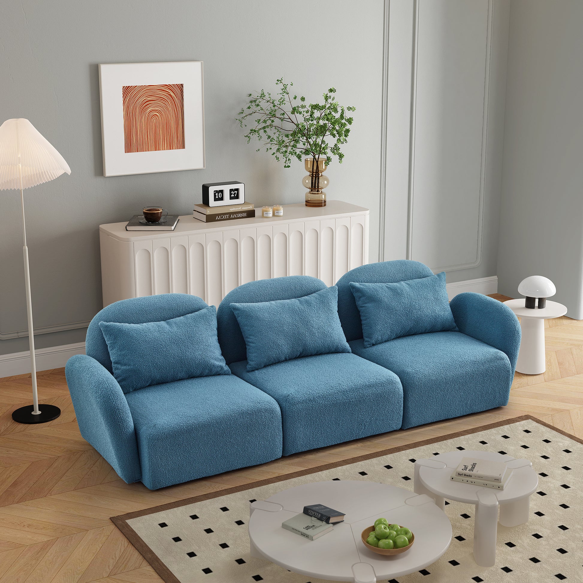 Living Room Furniture Three Seat Lazy Sofa Teddy Fabric Blue Blue Foam Teddy
