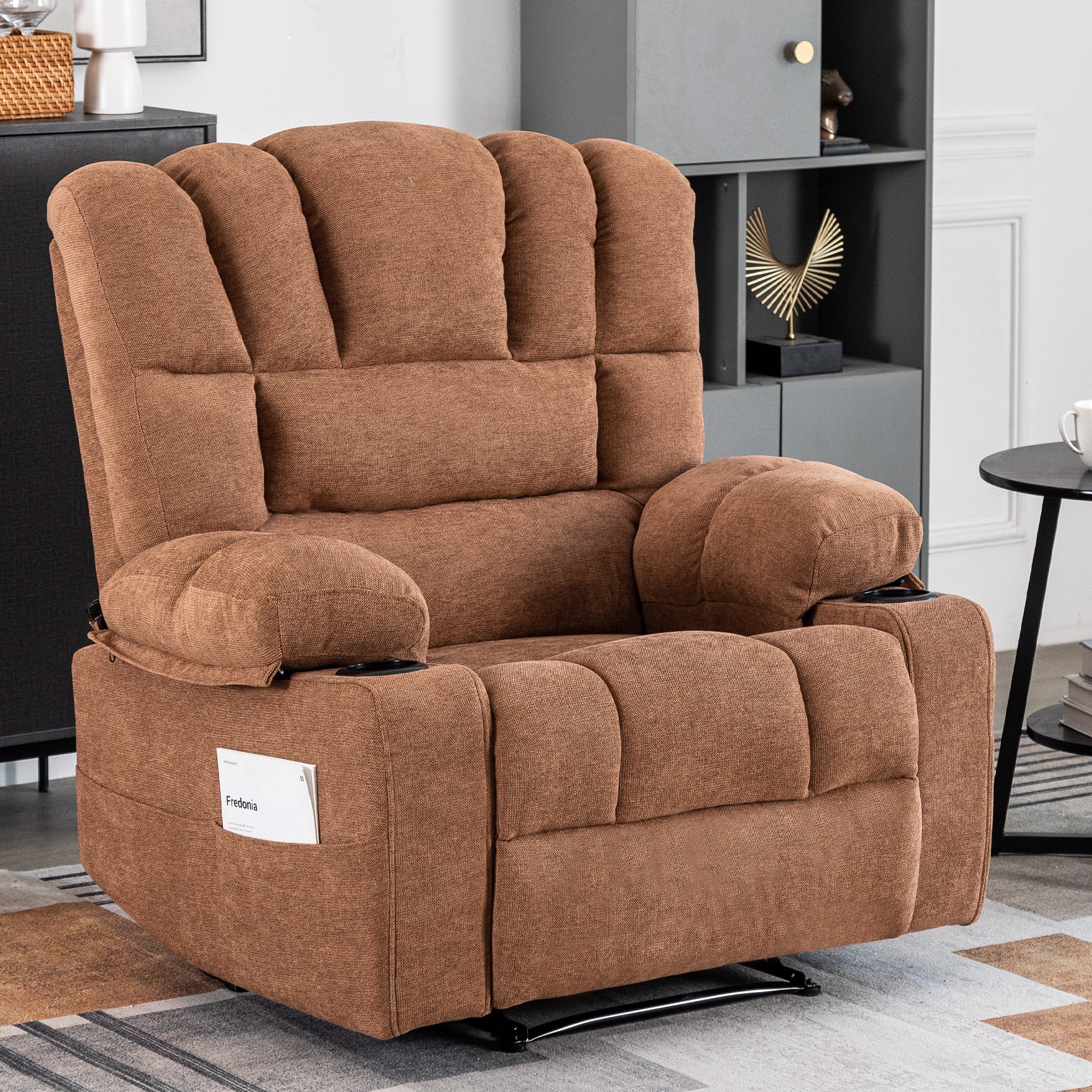 Massage Recliner Chair Sofa With Heating Vibration Brown Chenille Manual Handle Metal Primary Living Space Soft Cushion Back American Design,American Traditional,Classic,Minimalist,Modern Pillow Top Arms Foam Wood Metal