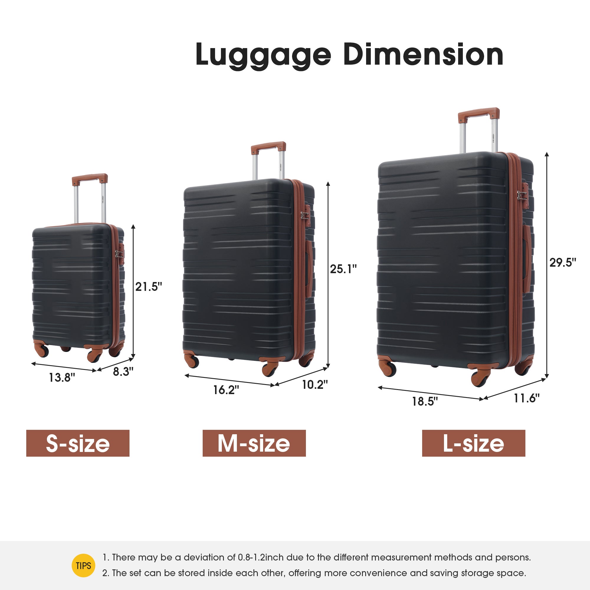 Hardshell Luggage Sets 3 Pcs Spinner Suitcase with TSA black brown-abs