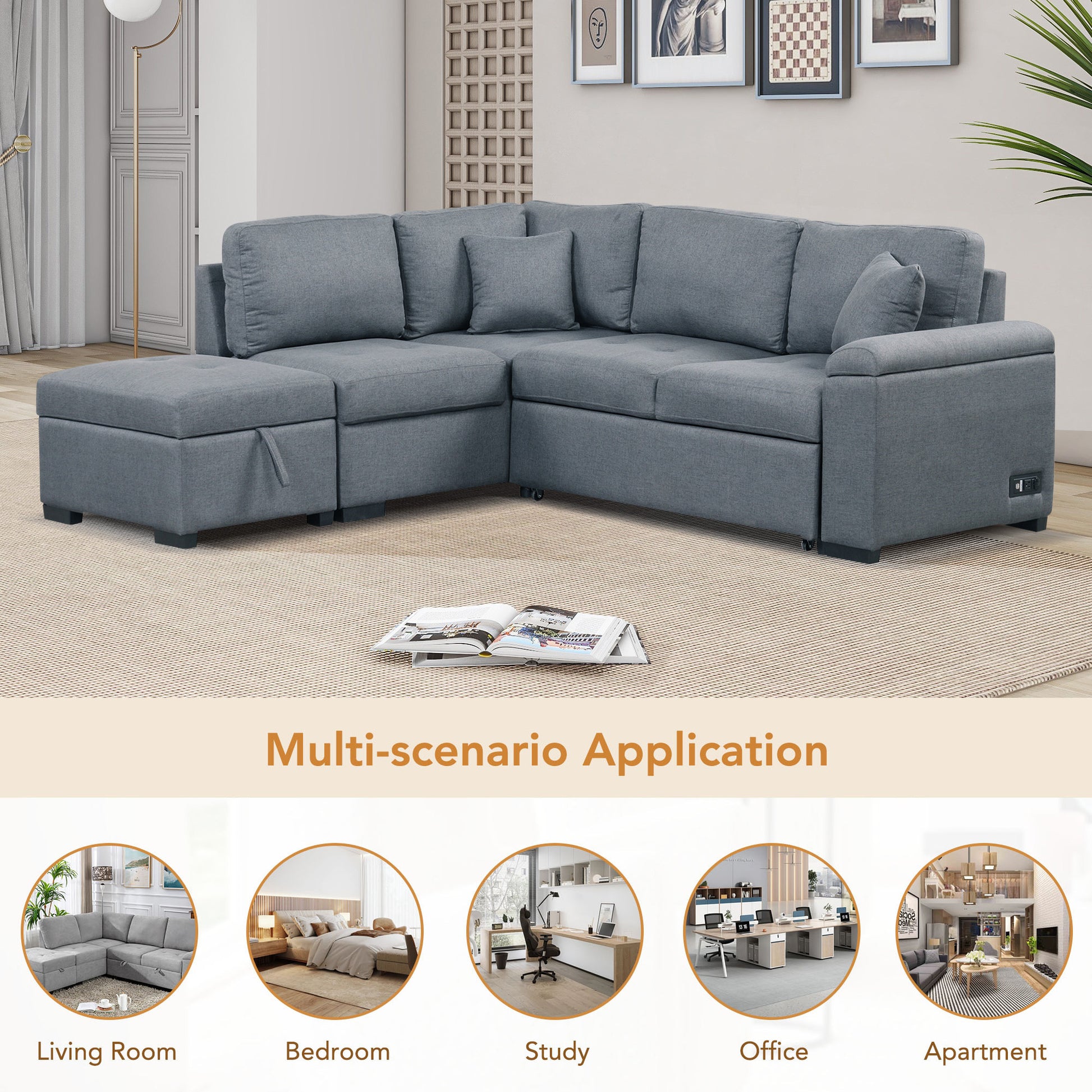 Sleeper Sectional Sofa, L Shape Corner Couch Sofa Bed With Storage Ottoman & Hidden Arm Storage & Usb Charge For Living Room Apartment, Dark Gray Dark Gray Linen 4 Seat