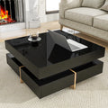 Modern High Gloss Coffee Table With 4 Drawers, Multi Storage Square Cocktail Tea Table With Wood Grain Legs, Center Table For Living Room, 31.5''X31.5'', Black Black Primary Living Space Drawers Particle Board