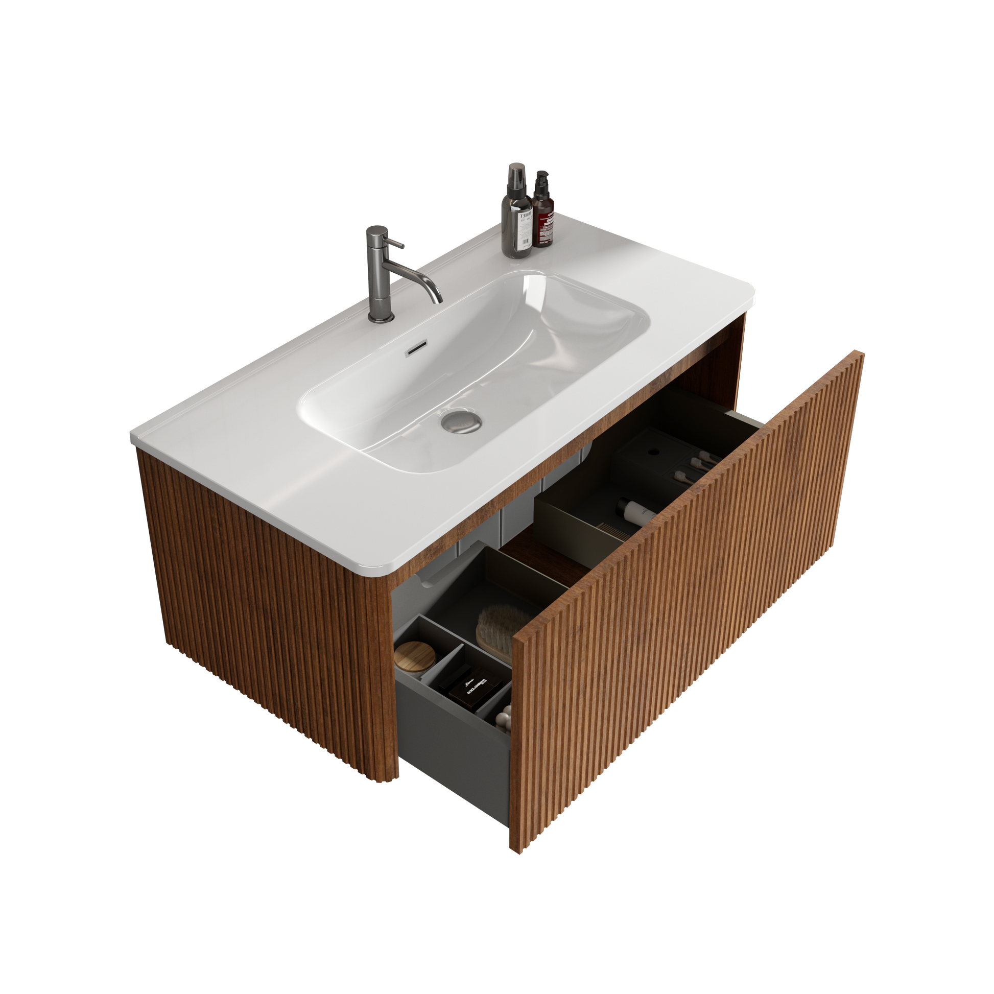 U048 Etna36W 305 Etna 36" Striped Walnut Bathroom Vanity With White Ceramic Sink, Wall Mounted Floating Bathroom Vanity For Modern Bathroom, Pre Assembled White Walnut Melamine