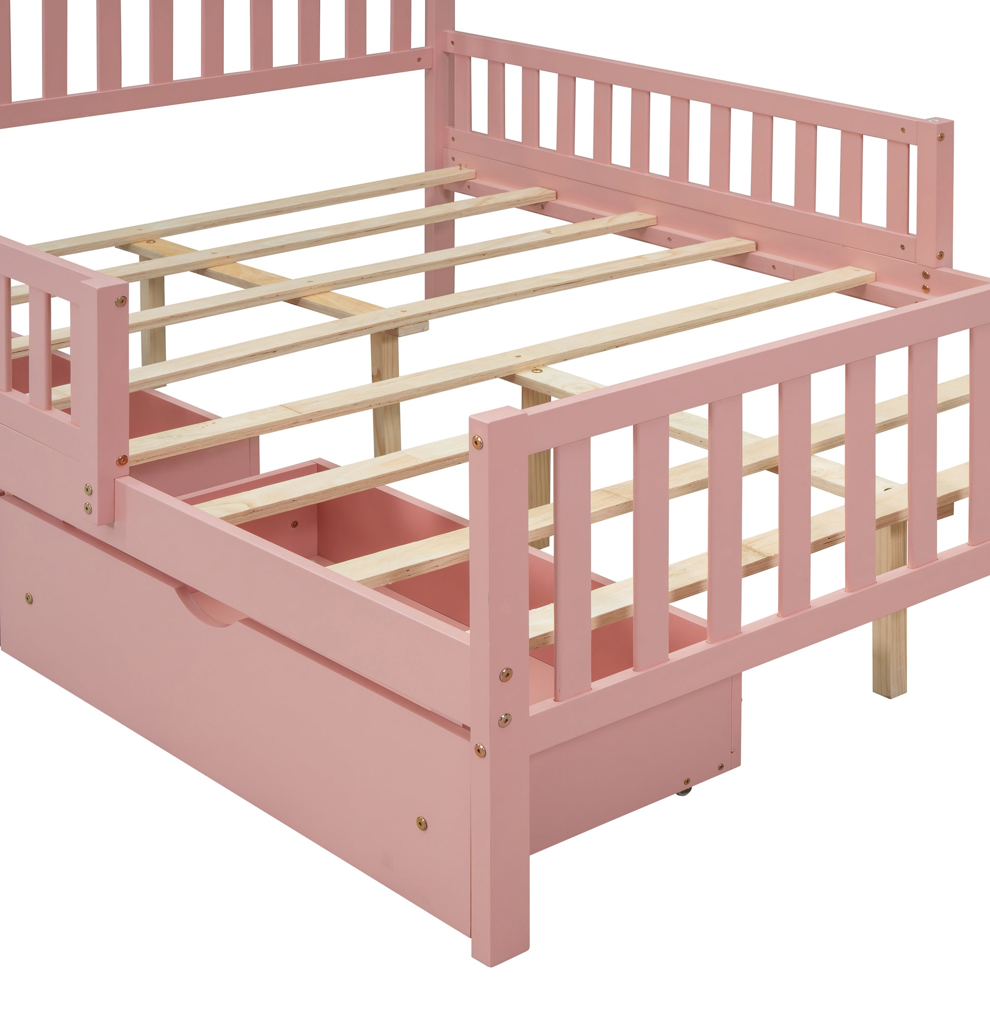 Full Size Wood Platform Bed With Guardrails On Both Sides And Two Storage Drawers ,Pink Full Pink Wood