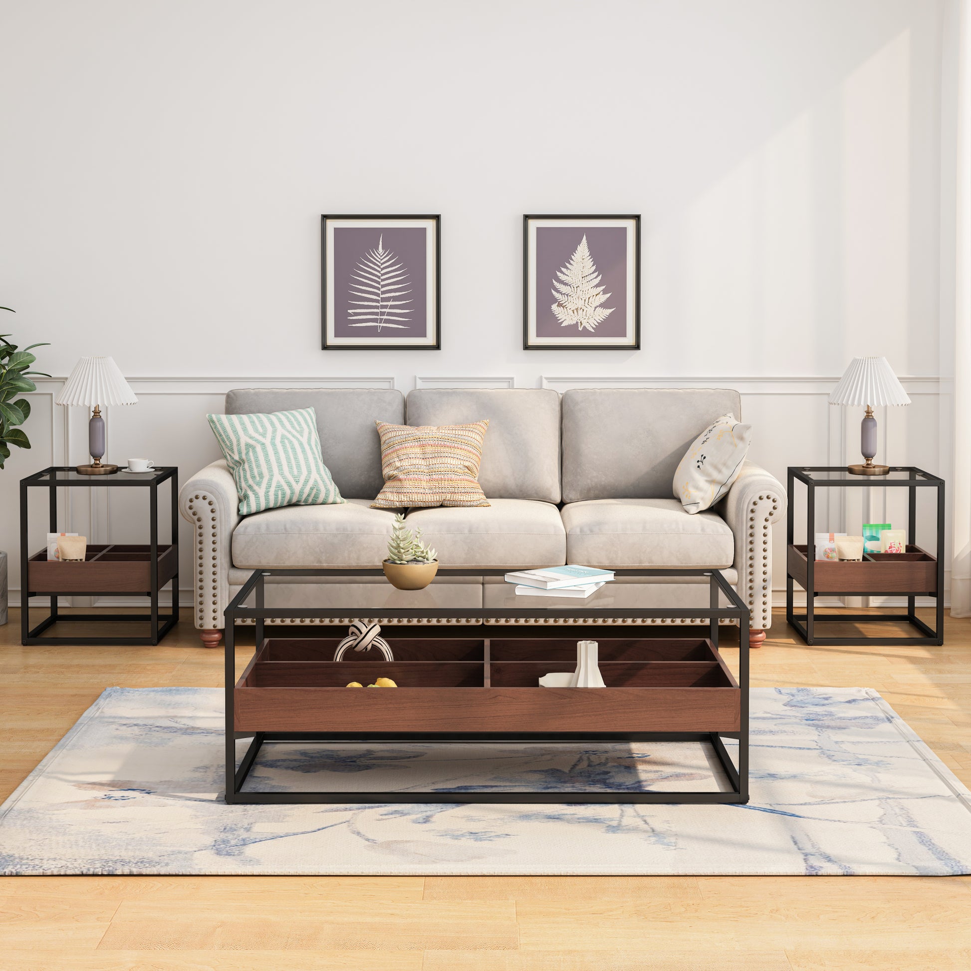 17.72" Modern Coffee Table Side Table, Nightstand With Storage Shelf And Metal Legs For Bedroom, Living Room Set Of 2 Black Mdf Glass