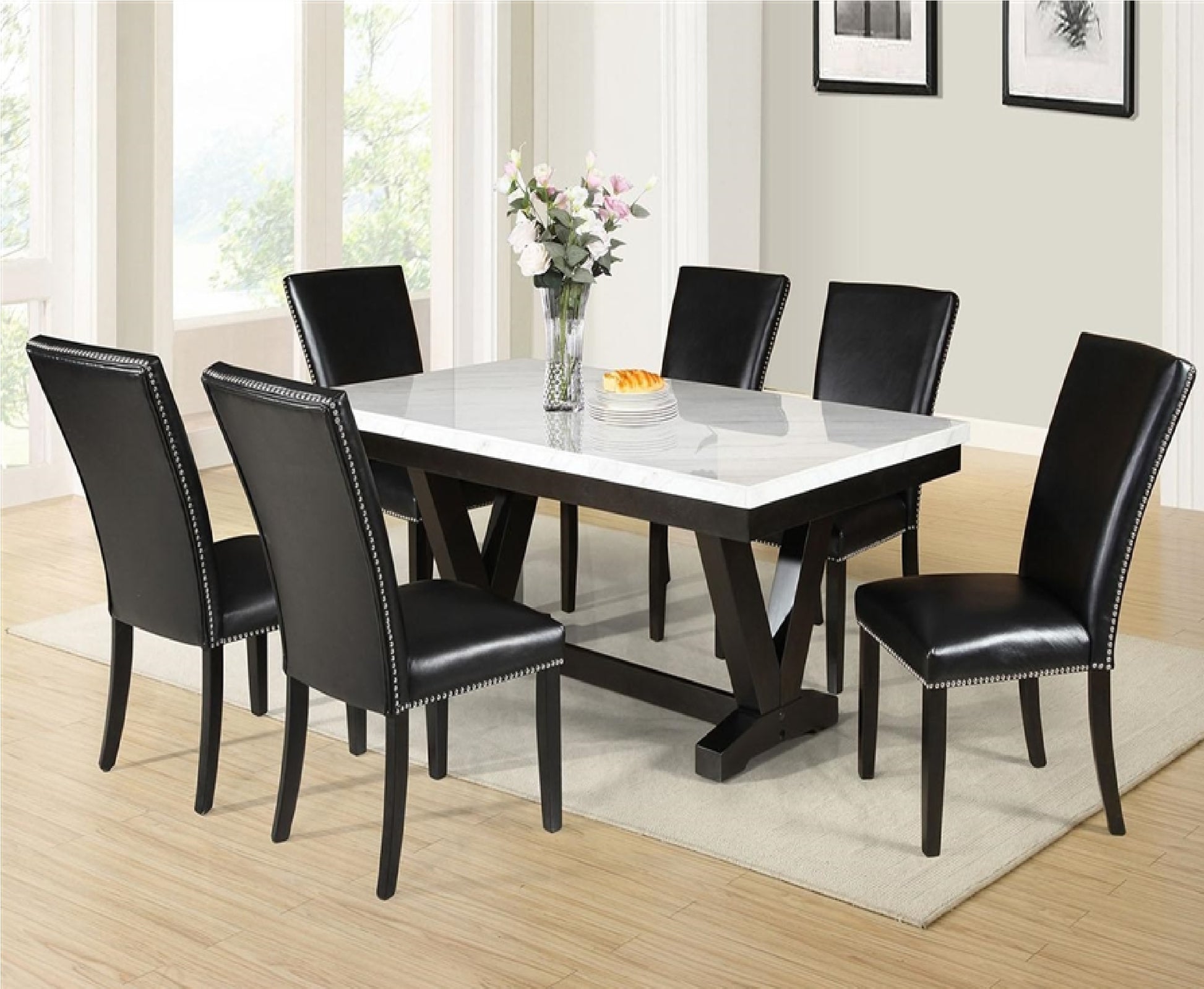 White Faux Marble & Black Finish Dining Table Set Black Faux Leather Upholstered Chairs Trim Polyurethane Fabric 7Pc Set Wood Marble White Black Seats 6 Wood Dining Room 72 Inches Fixed Table Traditional,Vintage Rectangular Rectangular Dining Table With