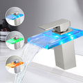 Bathroom Sink Faucet Led Light 3 Colors Changing Waterfall Glass Spout Hot Cold Water Mixer Single Handle One Hole Deck Mounted Bathroom Faucet Black Lavatory Vanity Basin Bath Plumbing Fixtures Bathroom Knob Handles Geometric One Brushed Nickel Side