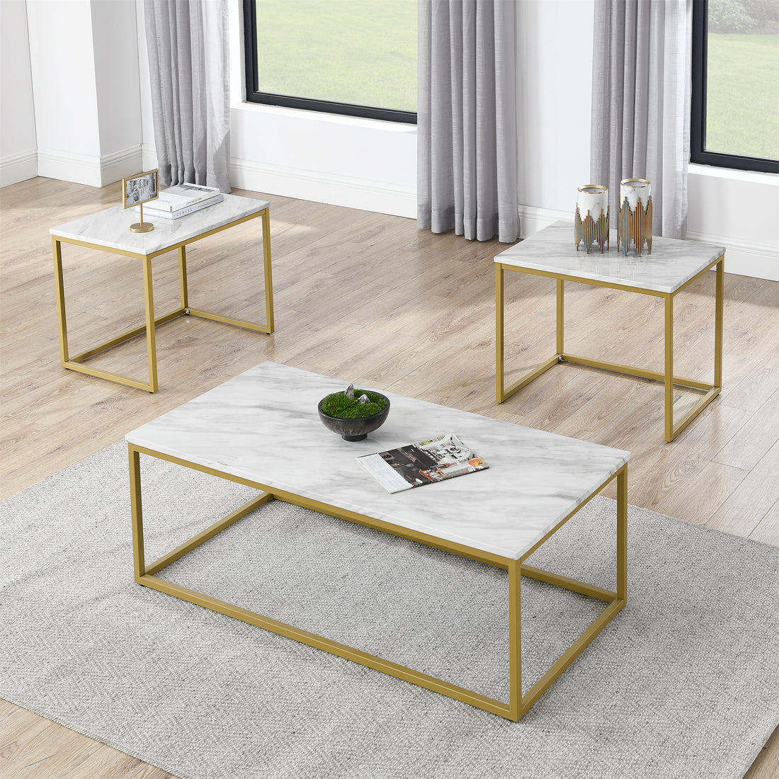 White Faux Marble Coffee Table Simple Modern 1Pc Coffee Tables With 2Pcs Table For Living Room And Office, White Gold Gold Desk Top Office American Design Metal Metal