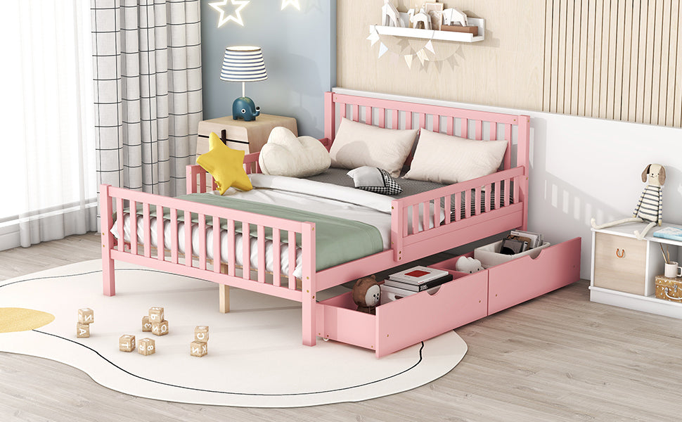 Full Size Wood Platform Bed with Guardrails on Both pink-wood