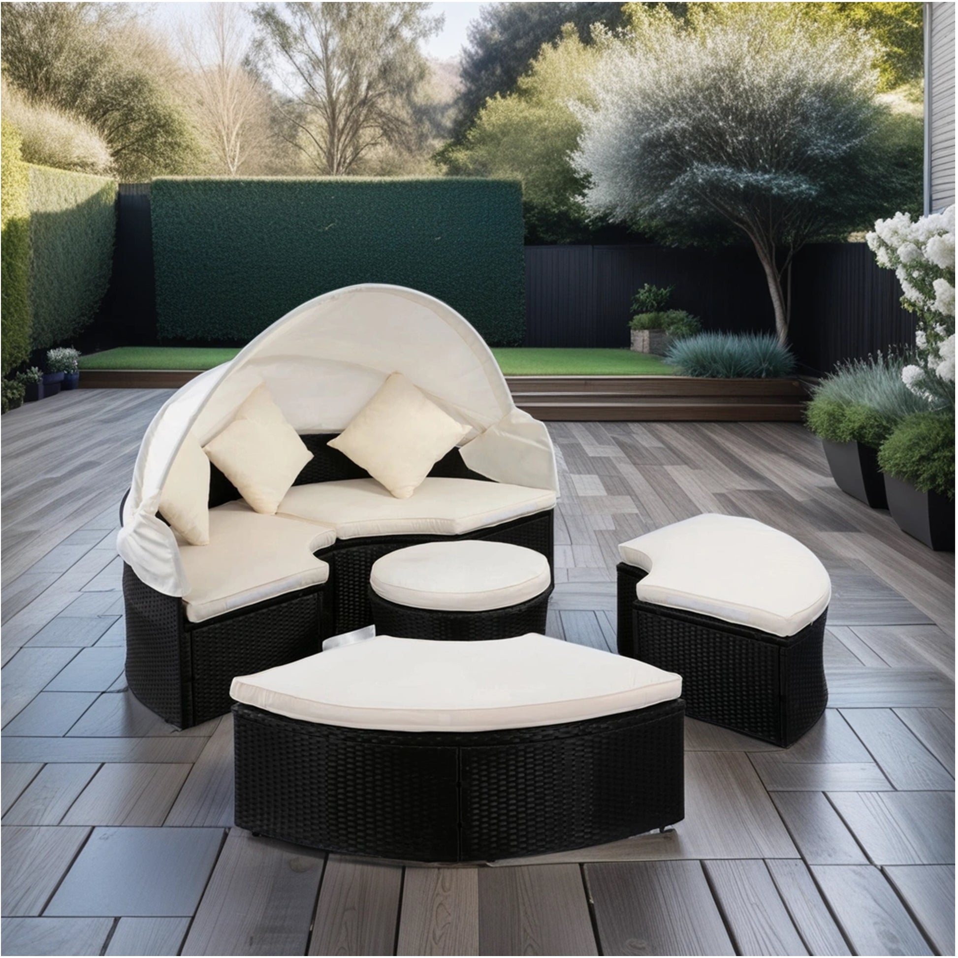 Outdoor Patio Round Daybed With Retractable Canopy Rattan Wicker Furniture Sectional Seating Set Black Wicker Creme Cushion Yes Complete Patio Set Beige Black Rust Resistant Frame Mildew Resistant Cushion Garden & Outdoor Modern Complete Patio Sets Fiber