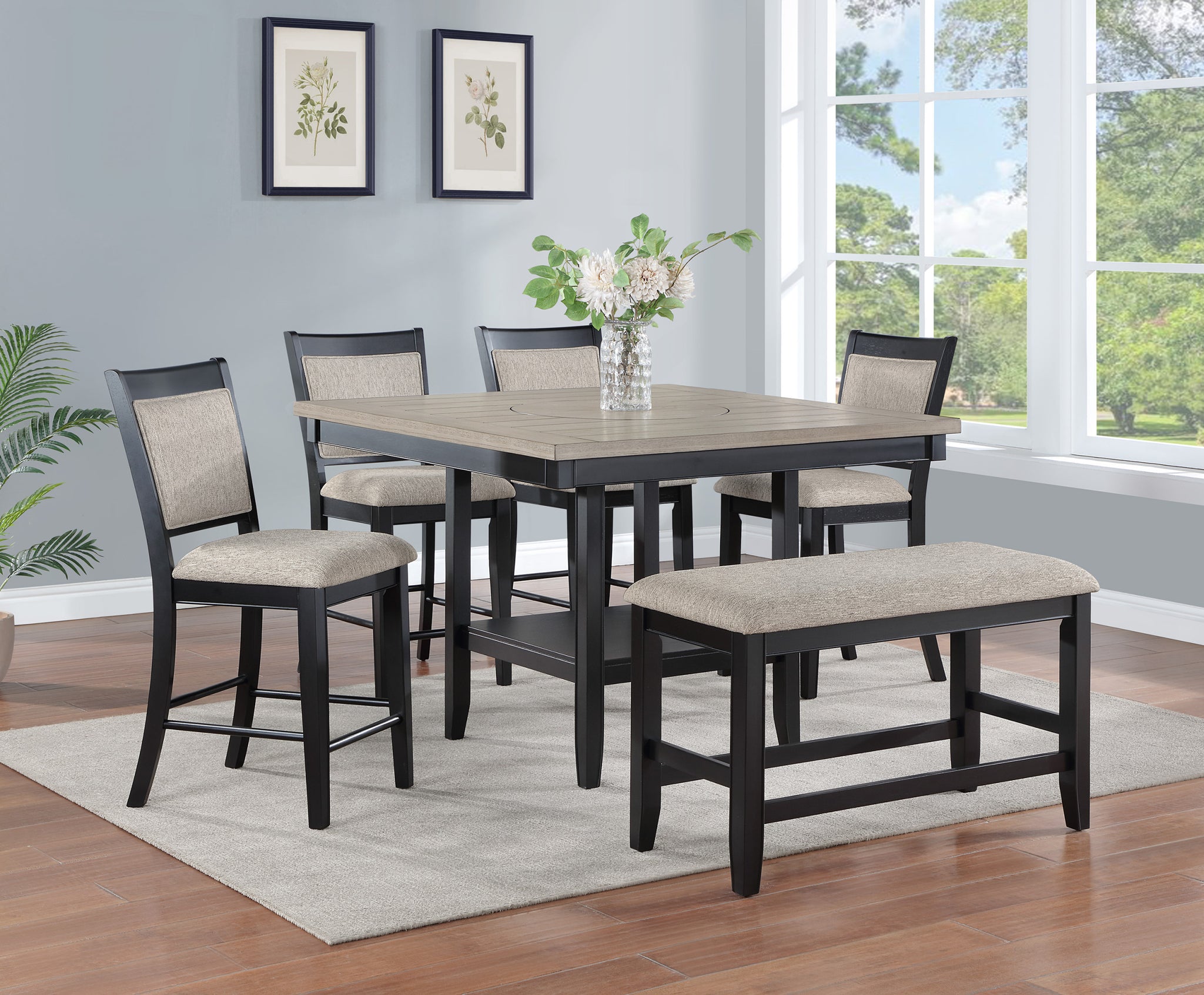 6pc Dining Set Contemporary Farmhouse Style Counter upholstered chair-wood-light gray-seats