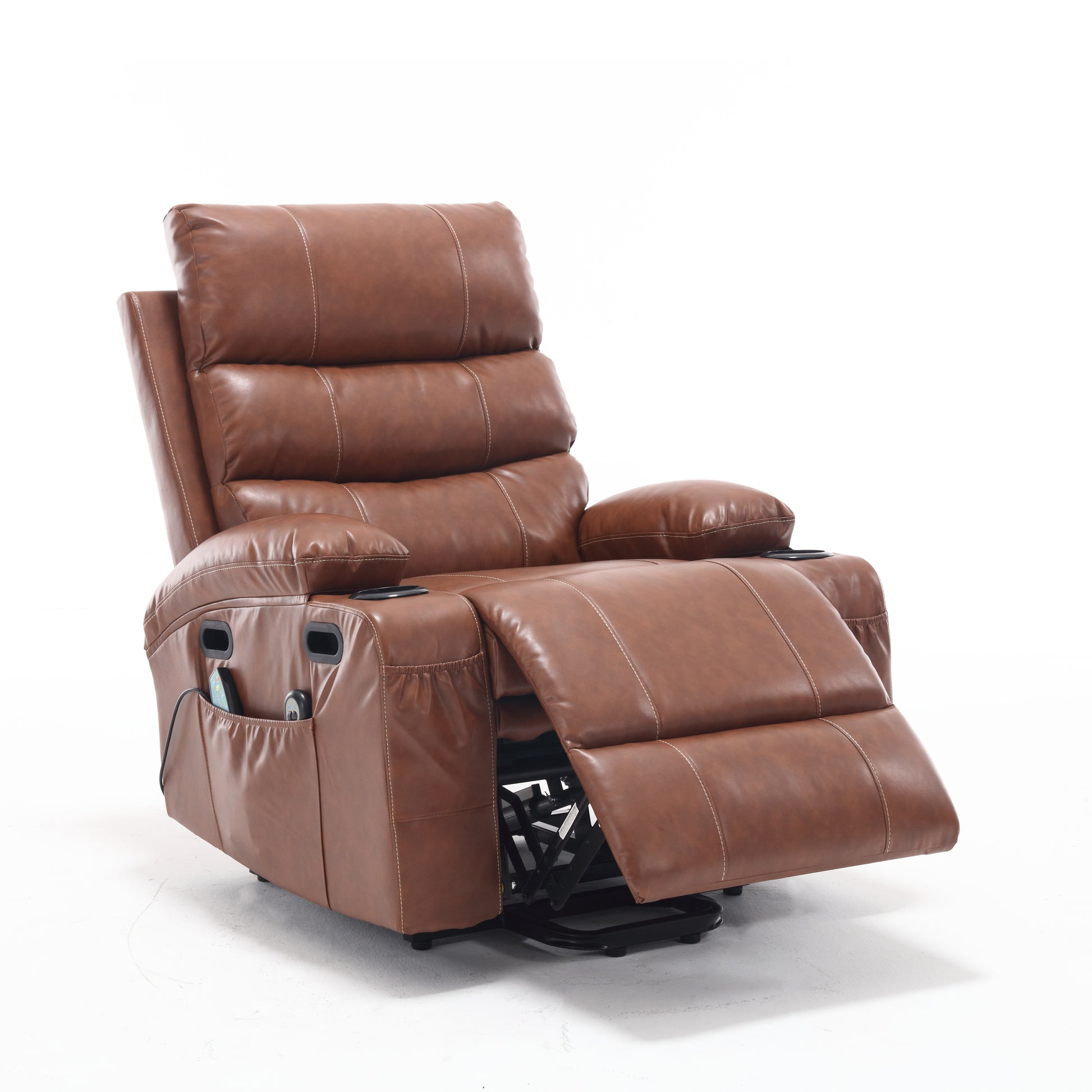 21"Seat Width,Large Size Electric Power Lift Recliner Chair Sofa For Elderly, 8 Point Vibration Massage And Lumber Heat, Remote Control, Side Pockets And Cup Holders, Cozy Fabric, Overstuffed Arm Pu Brown Pu