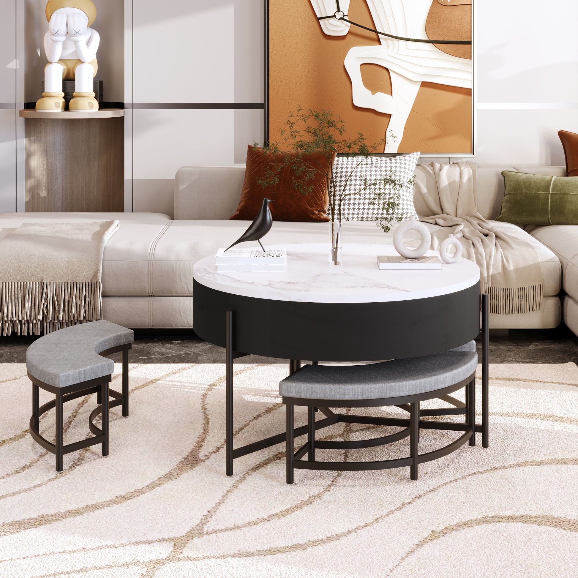 Modern Round Lift Top Coffee Table With Storage & 3 Ottoman White & Black Black Mdf