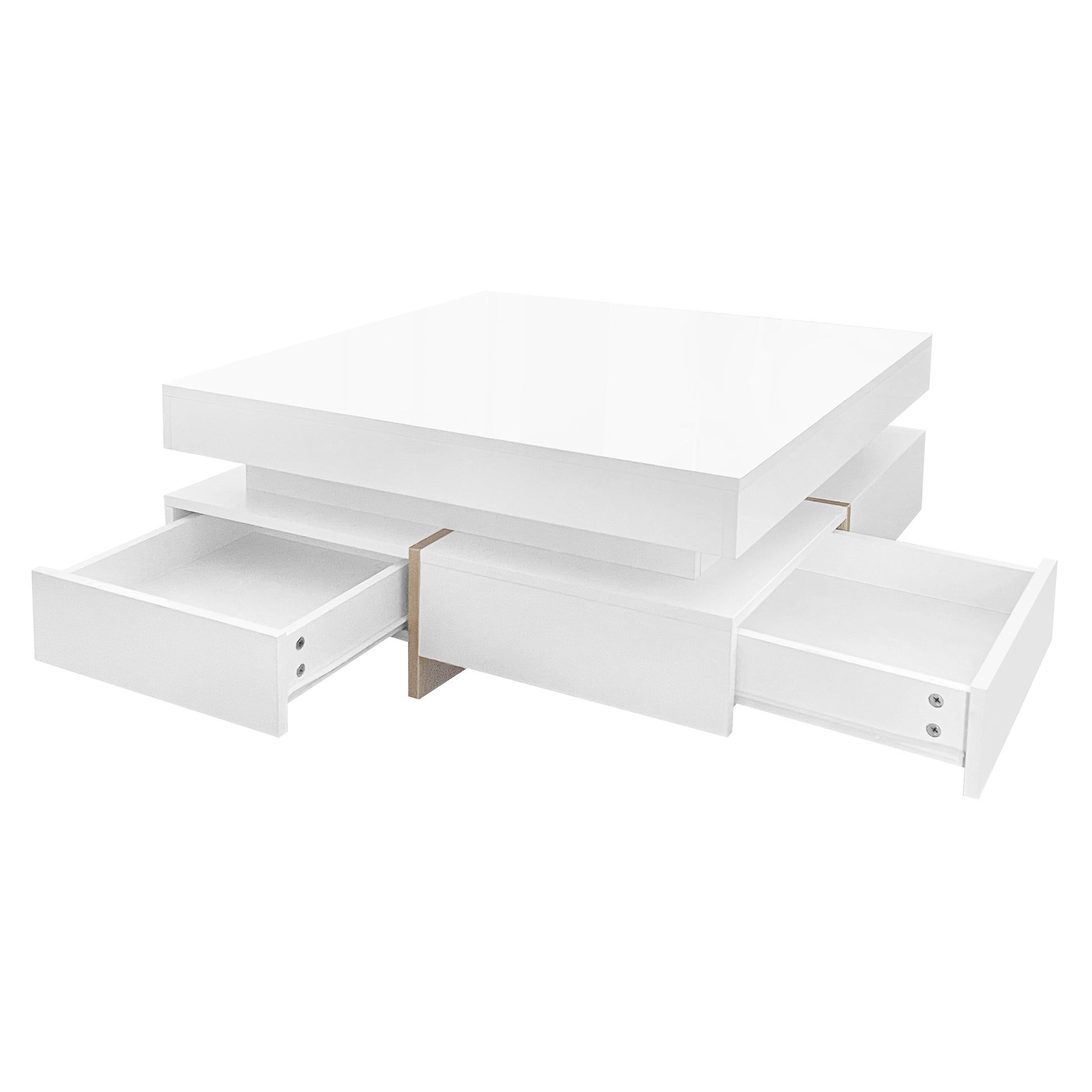 Modern High Gloss Coffee Table With 4 Drawers, Multi Storage Square Cocktail Tea Table With Wood Grain Legs, Center Table For Living Room, 31.5''X31.5'', White White Primary Living Space Drawers Particle Board