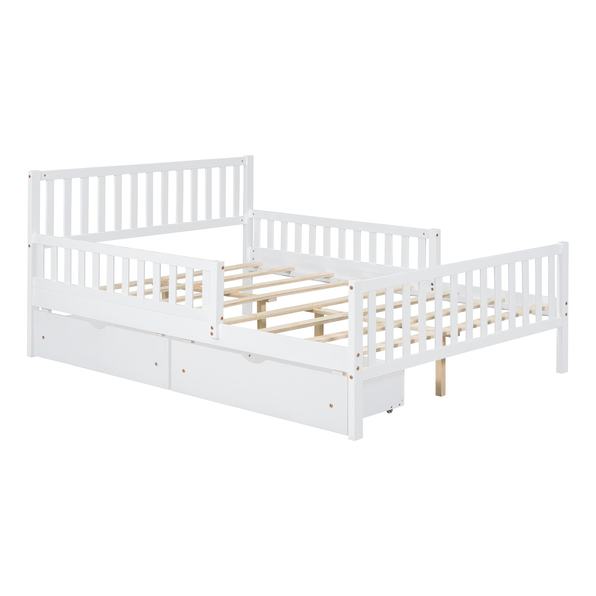 Full Size Wood Platform Bed with Guardrails on Both white-wood