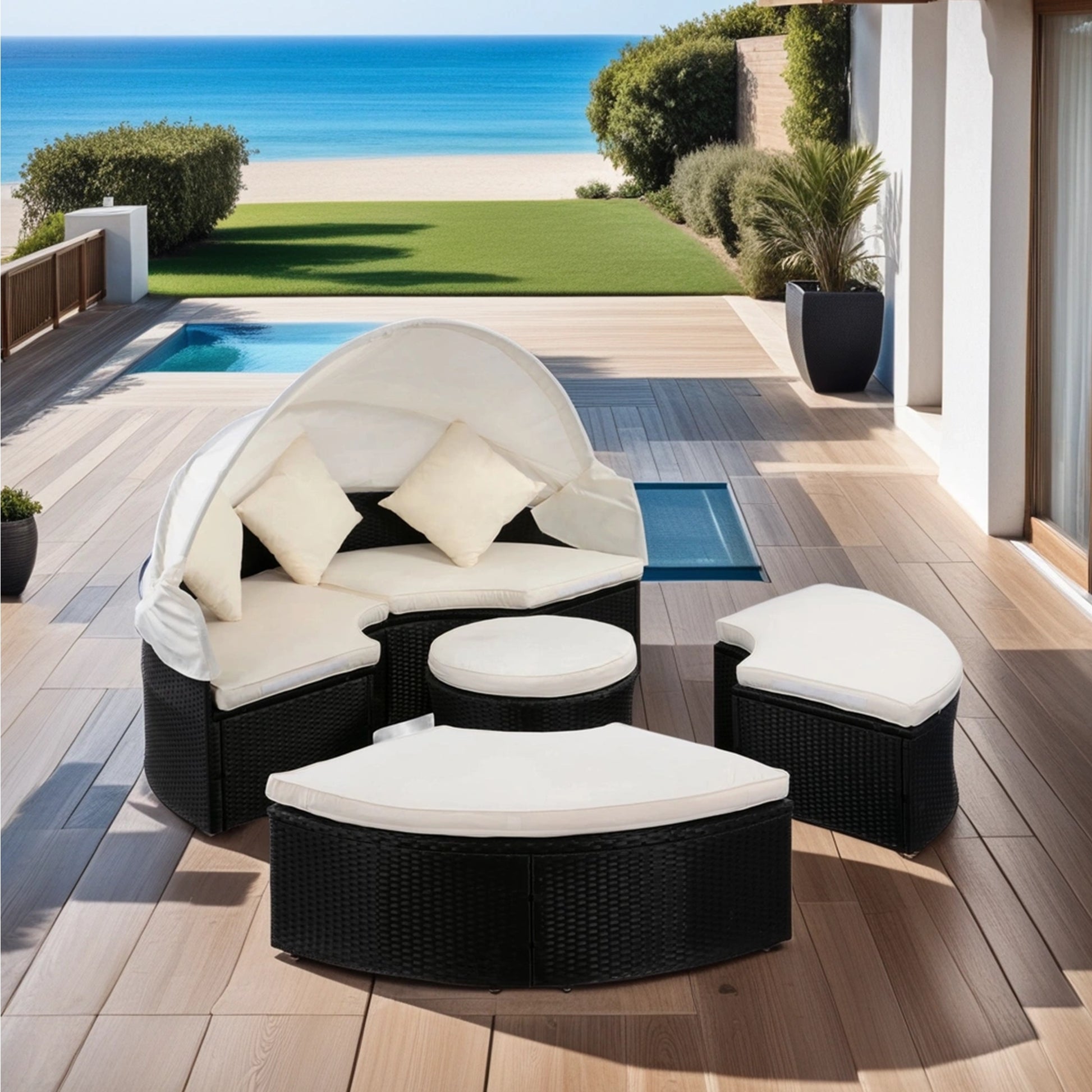 Outdoor Patio Round Daybed With Retractable Canopy Rattan Wicker Furniture Sectional Seating Set Black Wicker Creme Cushion Yes Complete Patio Set Beige Black Rust Resistant Frame Mildew Resistant Cushion Garden & Outdoor Modern Complete Patio Sets Fiber