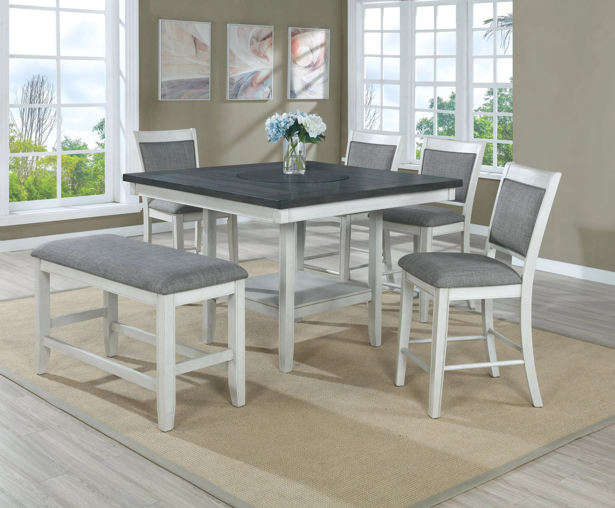 6pc Dining Set Contemporary Farmhouse Style Counter upholstered chair-wood-antique white+gray-seats