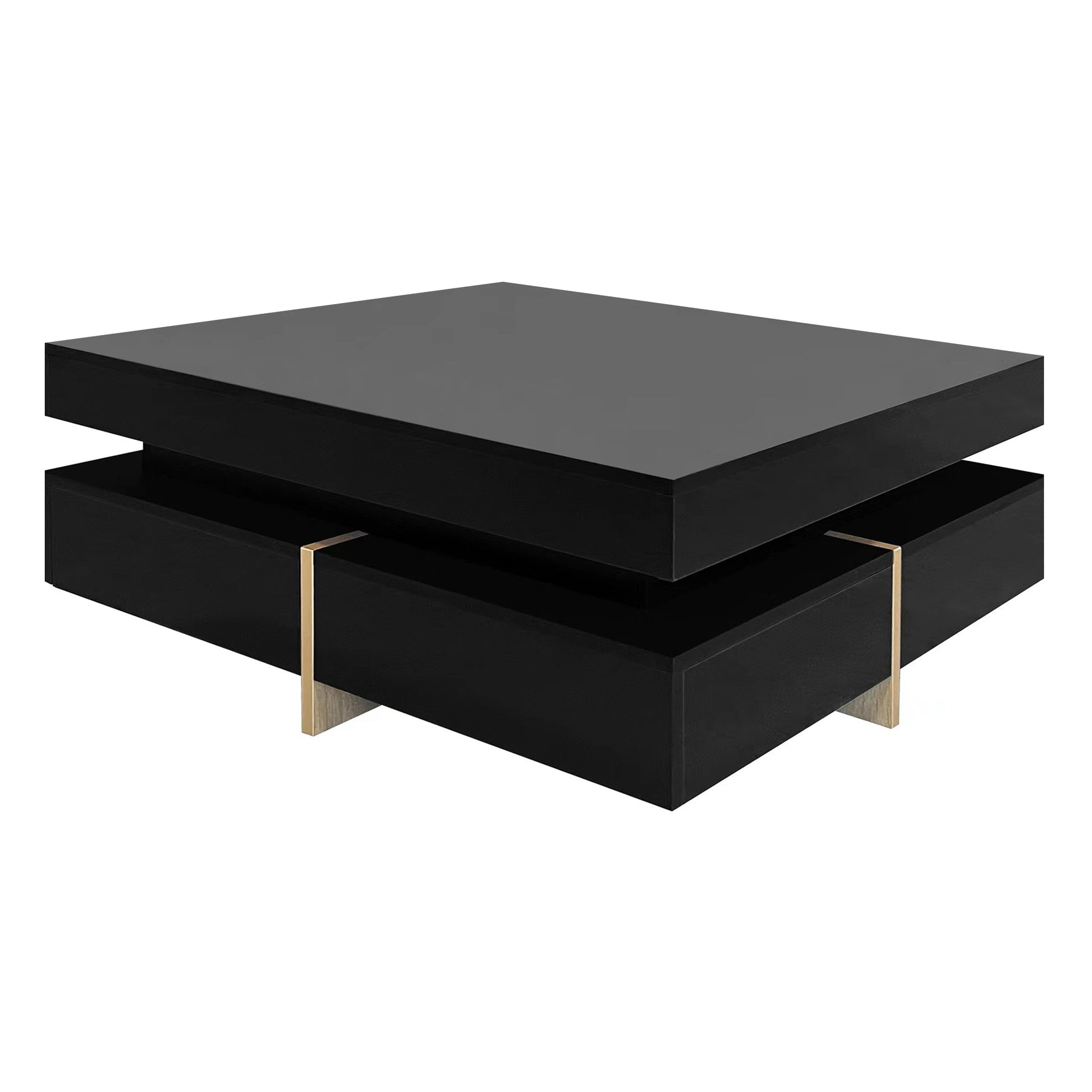 Modern High Gloss Coffee Table With 4 Drawers, Multi Storage Square Cocktail Tea Table With Wood Grain Legs, Center Table For Living Room, 31.5''X31.5'', Black Black Primary Living Space Drawers Particle Board