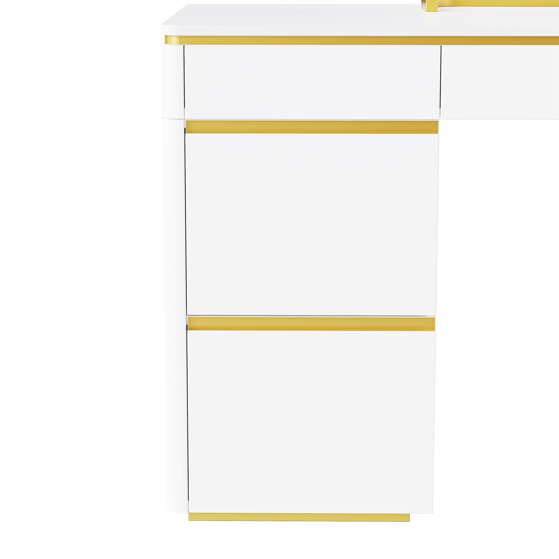 60''Modern Executive Desk,White Curved Computer Desk With Gold Metal Legs,3 Drawers Home Office Desk,Writing Desk With 1 Storage Cabinet For Home Office,Living Room,Gold White Gold White Mdf