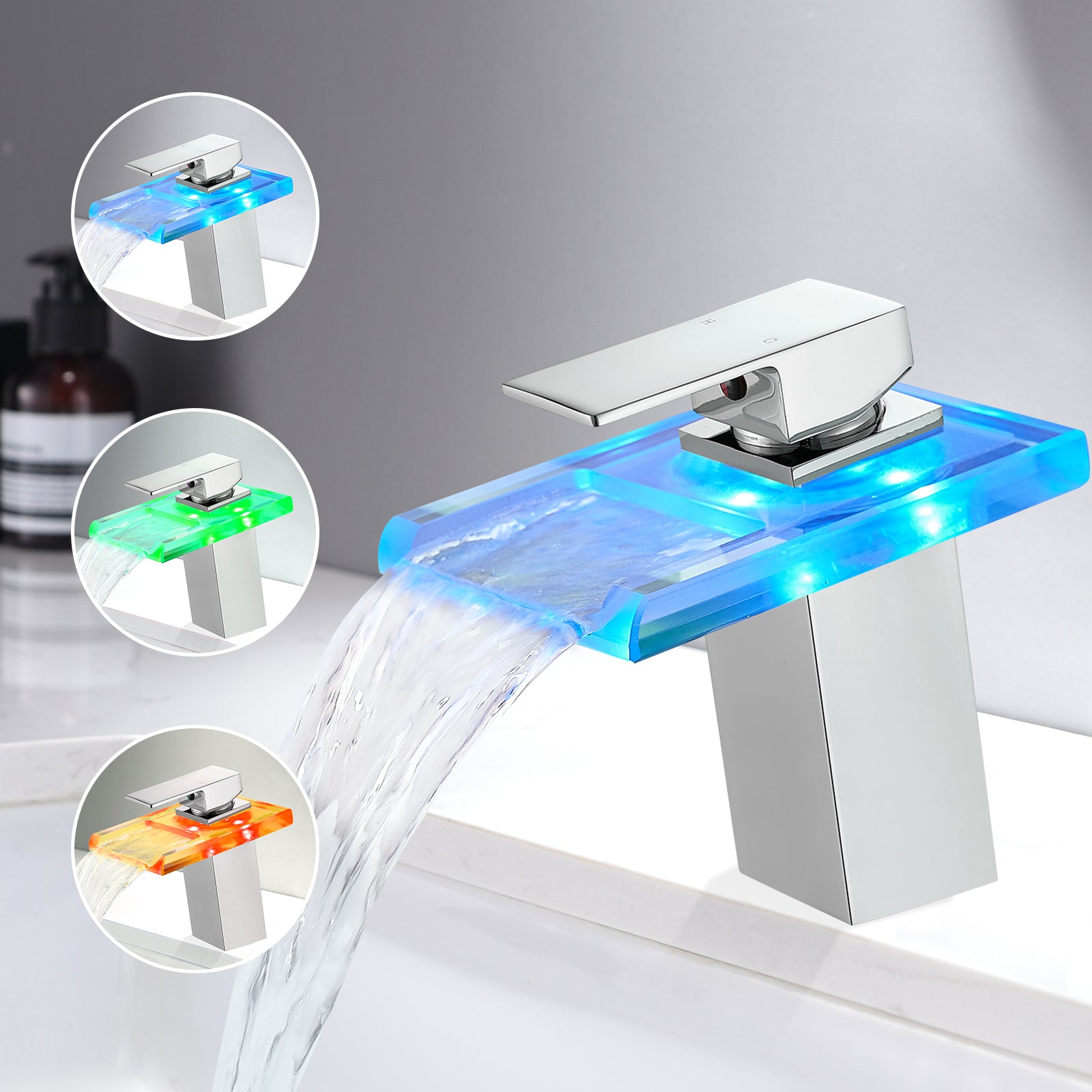 Bathroom Sink Faucet Led Light 3 Colors Changing Waterfall Glass Spout Hot Cold Water Mixer Single Handle One Hole Deck Mounted Bathroom Faucet Black Lavatory Vanity Basin Bath Plumbing Fixtures Bathroom Knob Handles Geometric One Chrome Side Sprayer