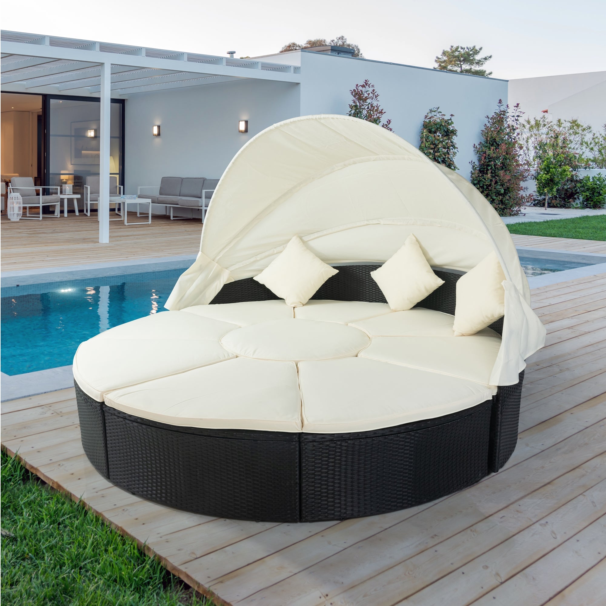 Outdoor Patio Round Daybed With Retractable Canopy Rattan Wicker Furniture Sectional Seating Set Black Wicker Creme Cushion Yes Complete Patio Set Beige Black Rust Resistant Frame Mildew Resistant Cushion Garden & Outdoor Modern Complete Patio Sets Fiber