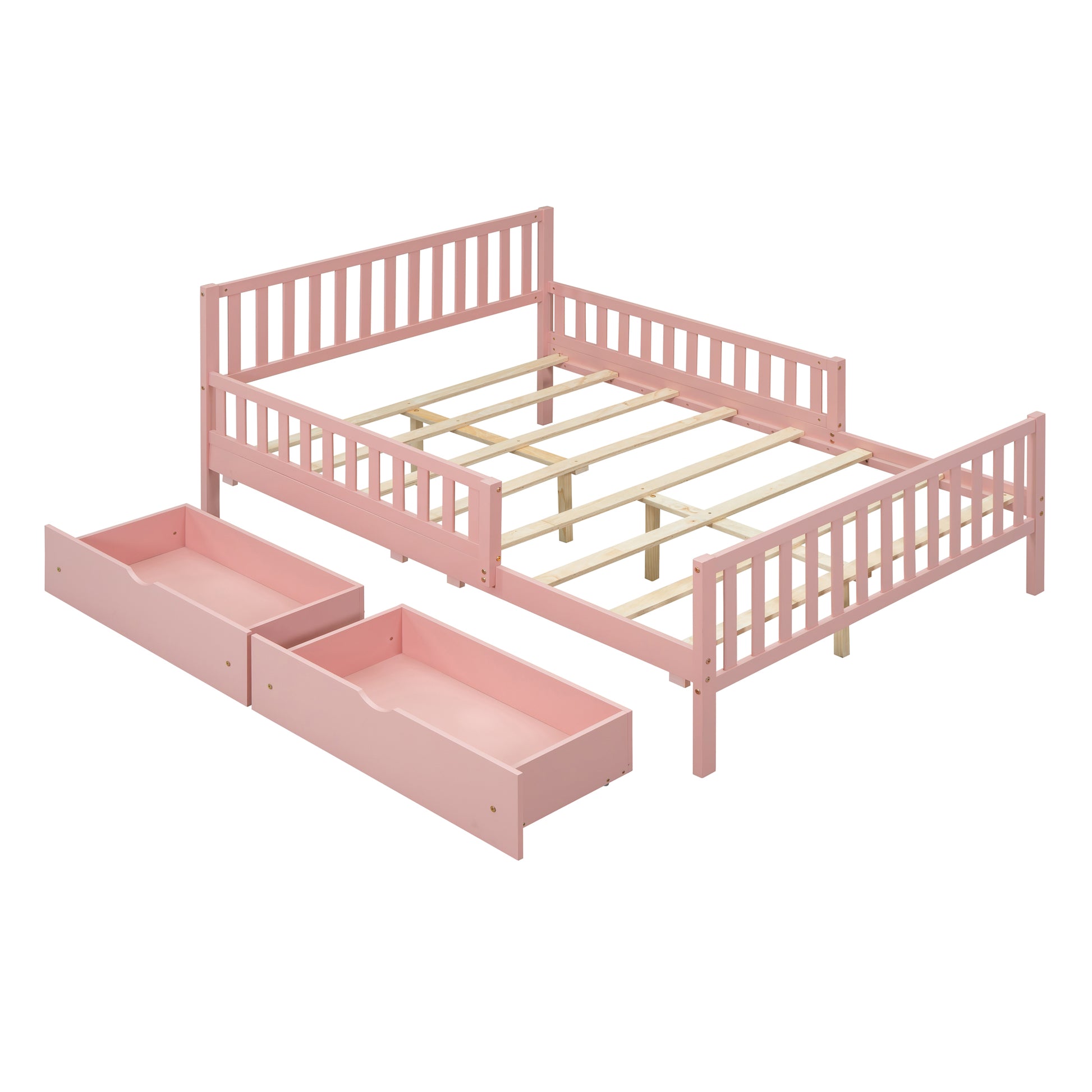 Full Size Wood Platform Bed With Guardrails On Both Sides And Two Storage Drawers ,Pink Full Pink Wood