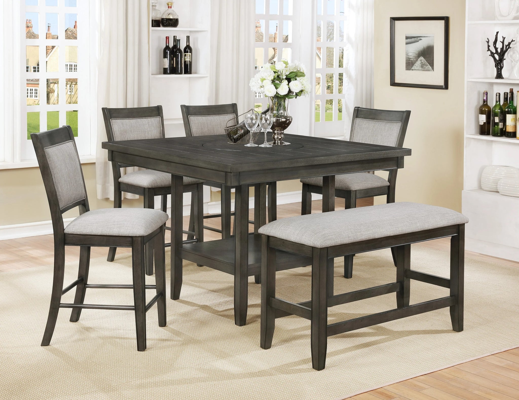 6pc Dining Set Contemporary Farmhouse Style Counter upholstered chair-wood-gray-seats 6-wood-dining