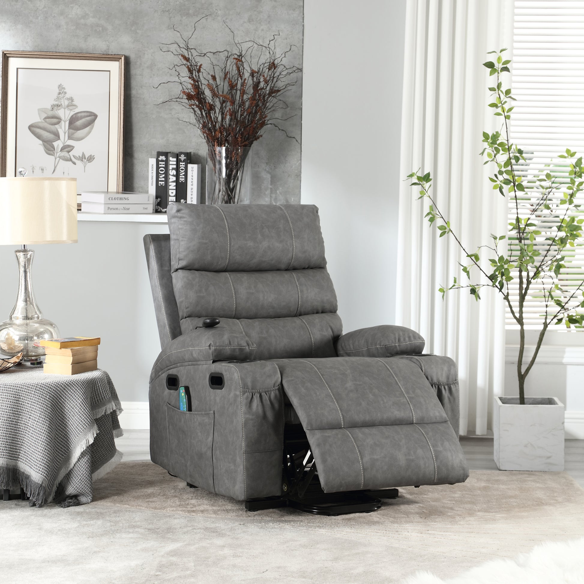 21"Seat Width,Large Size Electric Power Lift Recliner Chair Sofa For Elderly, 8 Point Vibration Massage And Lumber Heat, Remote Control, Side Pockets And Cup Holders, Cozy Fabric, Overstuffed Arm Pu Gray Pu