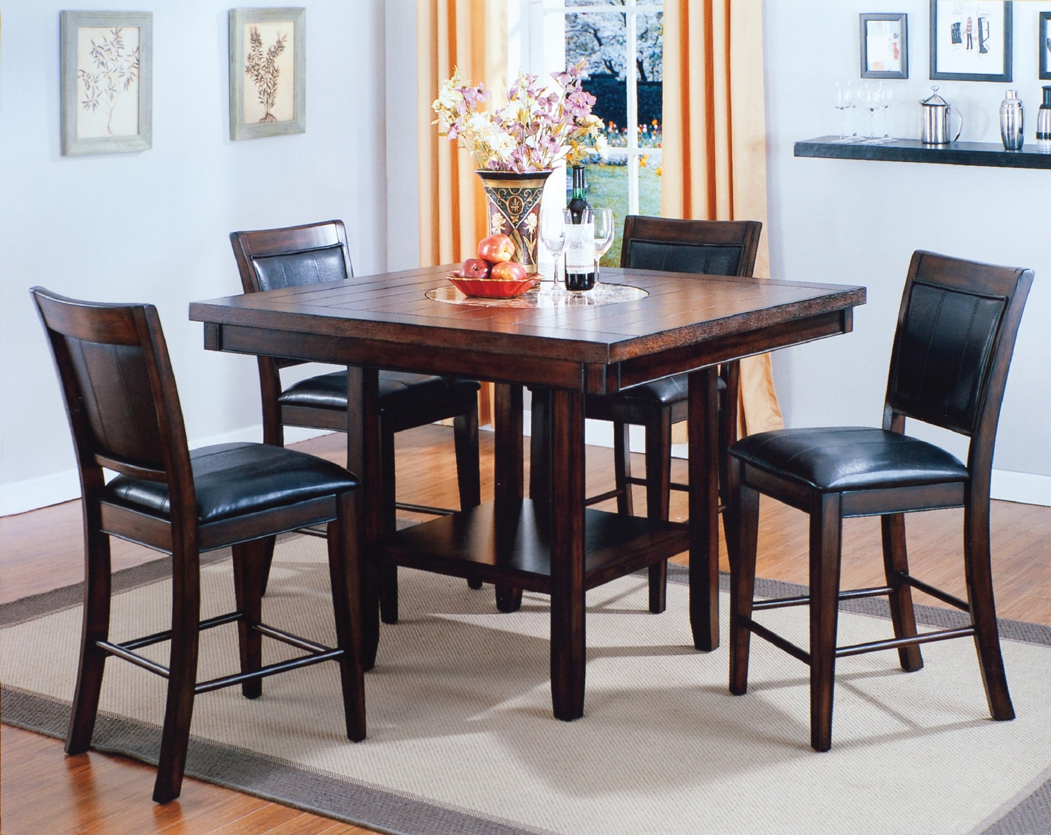 5pc Dining Set Contemporary Farmhouse Style Counter upholstered chair-wood-dark brown-seats
