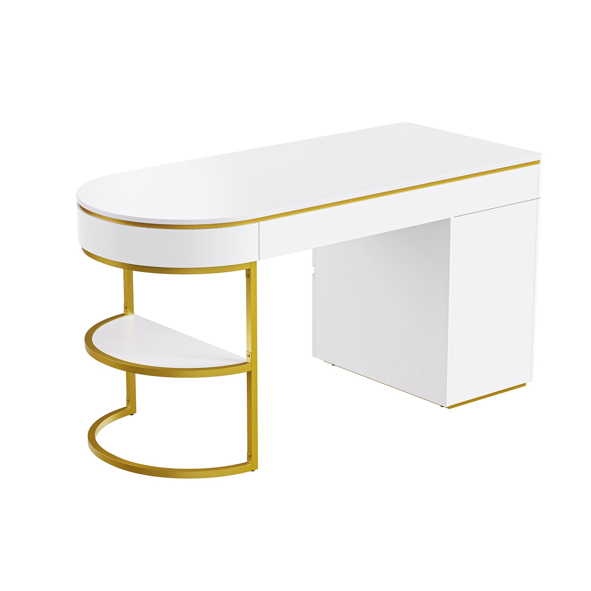 60''Modern Executive Desk,White Curved Computer Desk With Gold Metal Legs,3 Drawers Home Office Desk,Writing Desk With 1 Storage Cabinet For Home Office,Living Room,Gold White Gold White Mdf