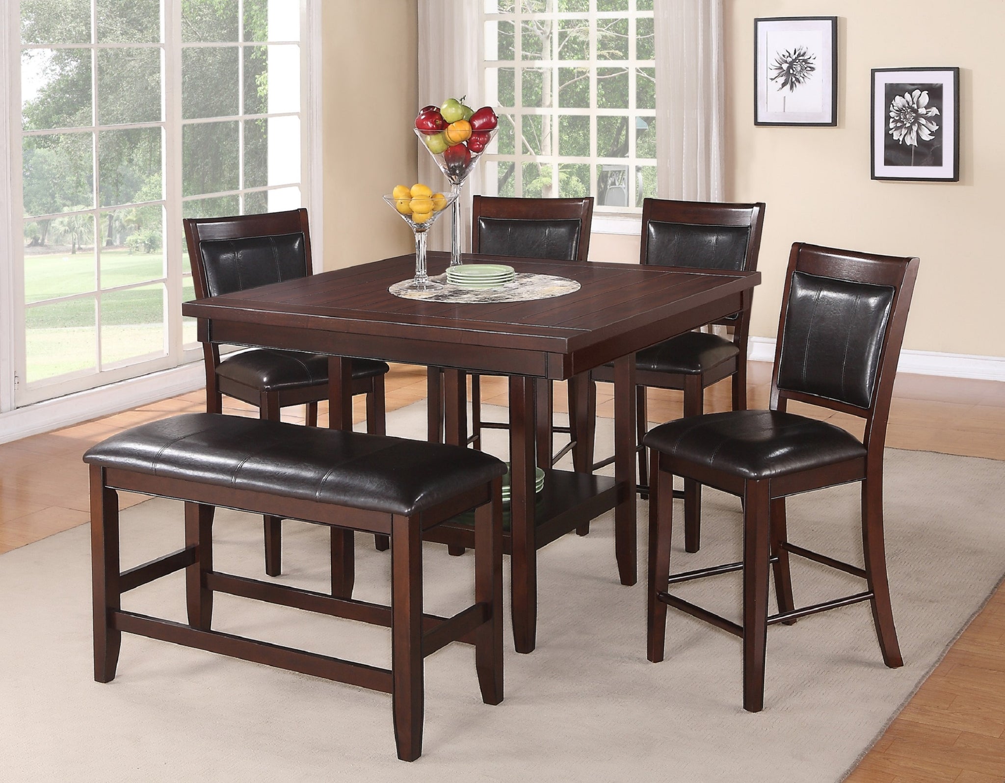 6pc Dining Set Contemporary Farmhouse Style Counter upholstered chair-wood-dark brown-seats