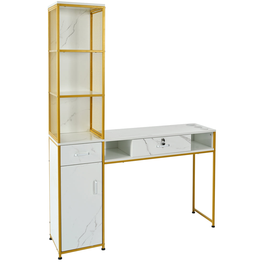 Barber Salon Station For Hair Stylist,Beauty Salon Station With Lockable Drawer, Left Shelf And Storage Cabinet, Beauty Spa Equipment, Mirror Not Included,White Gold White Modern Mdf Mdf Metal