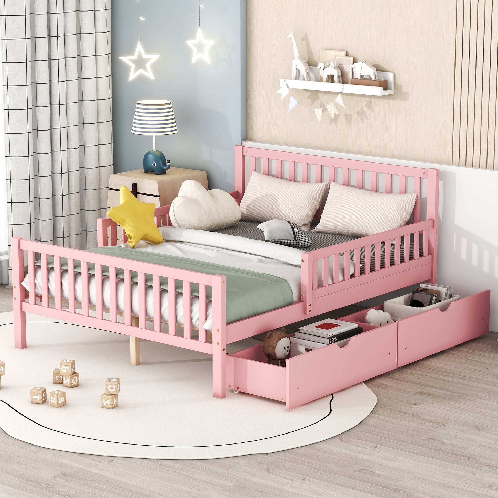 Full Size Wood Platform Bed With Guardrails On Both Sides And Two Storage Drawers ,Pink Full Pink Wood